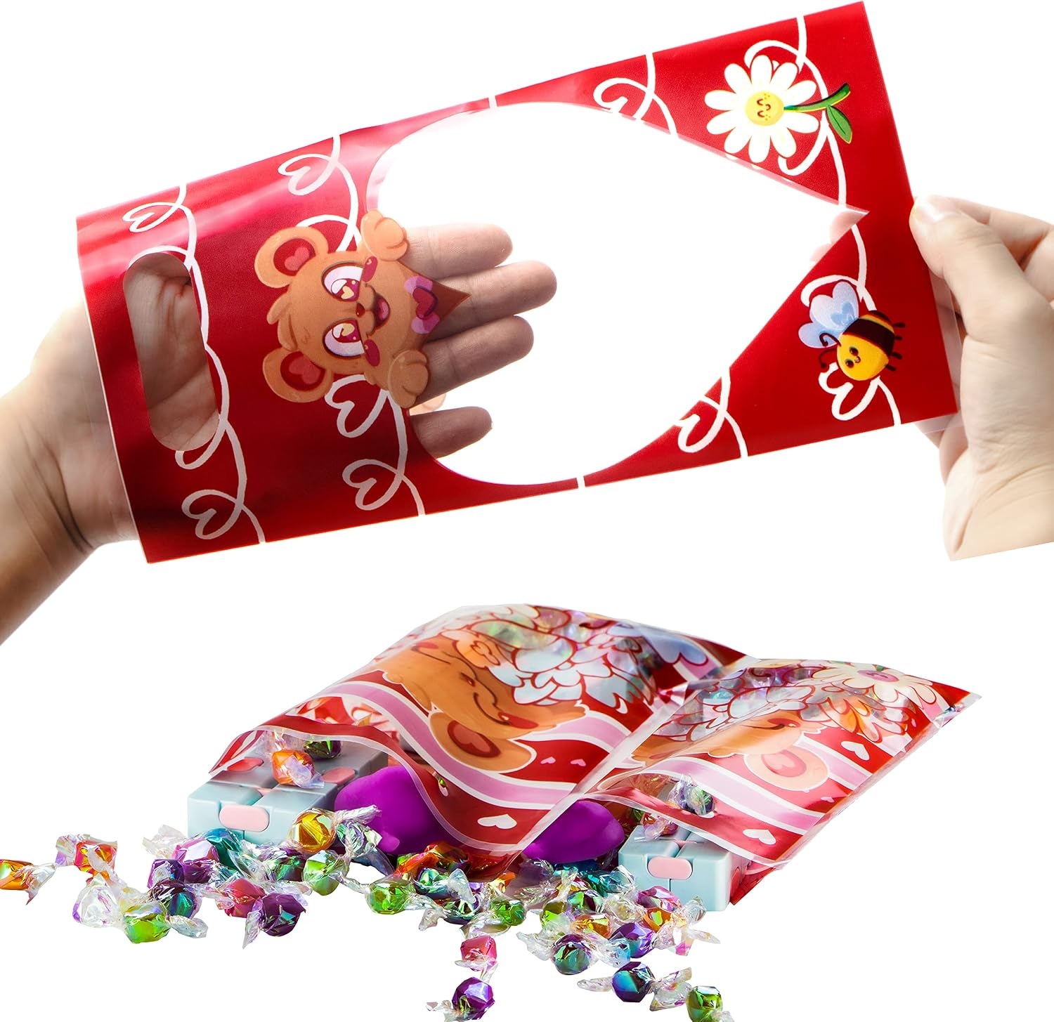 JOYIN 48 Pcs Valentine’s Day Gift Bag, Plastic Treat Bags, Cellophane Candy Bags in 6 Designs with Heart Shaped Window for Valentine Party Favor, Kids Valentine Party Favor, Classroom Gift Exchange