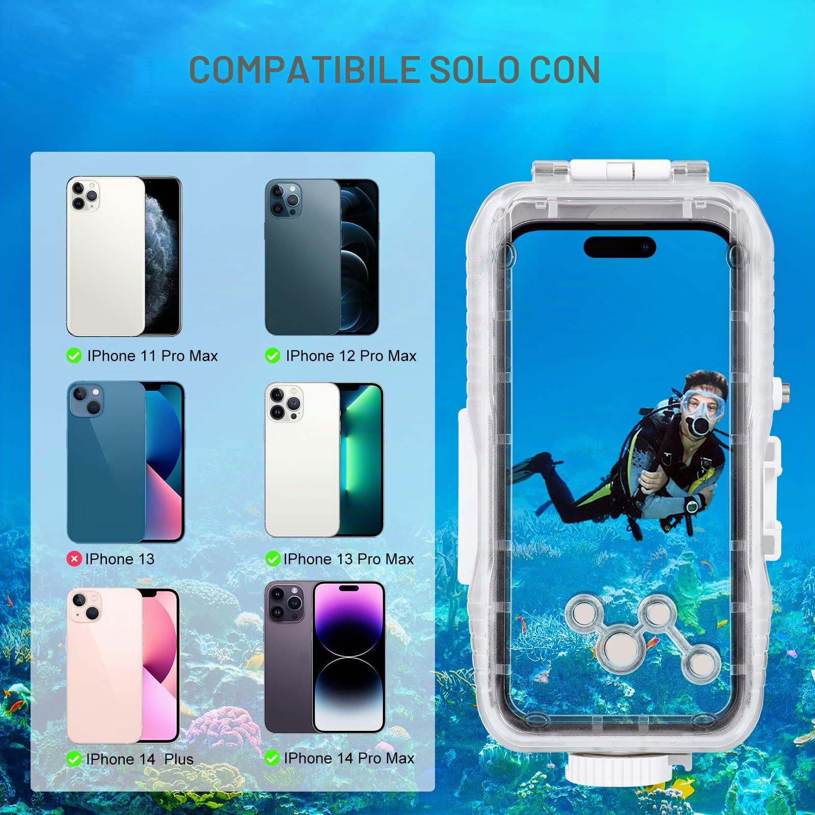 PULUZ Custodia per iPhone 15 Pro Max/ 15 Plus/ 14 Plus/ 14 Pro Max / 13 Pro Max / 12 Pro Max / 11 Pro Max, subacquea impermeabile nuoto snorkeling surf per foto e video(non per iso26)