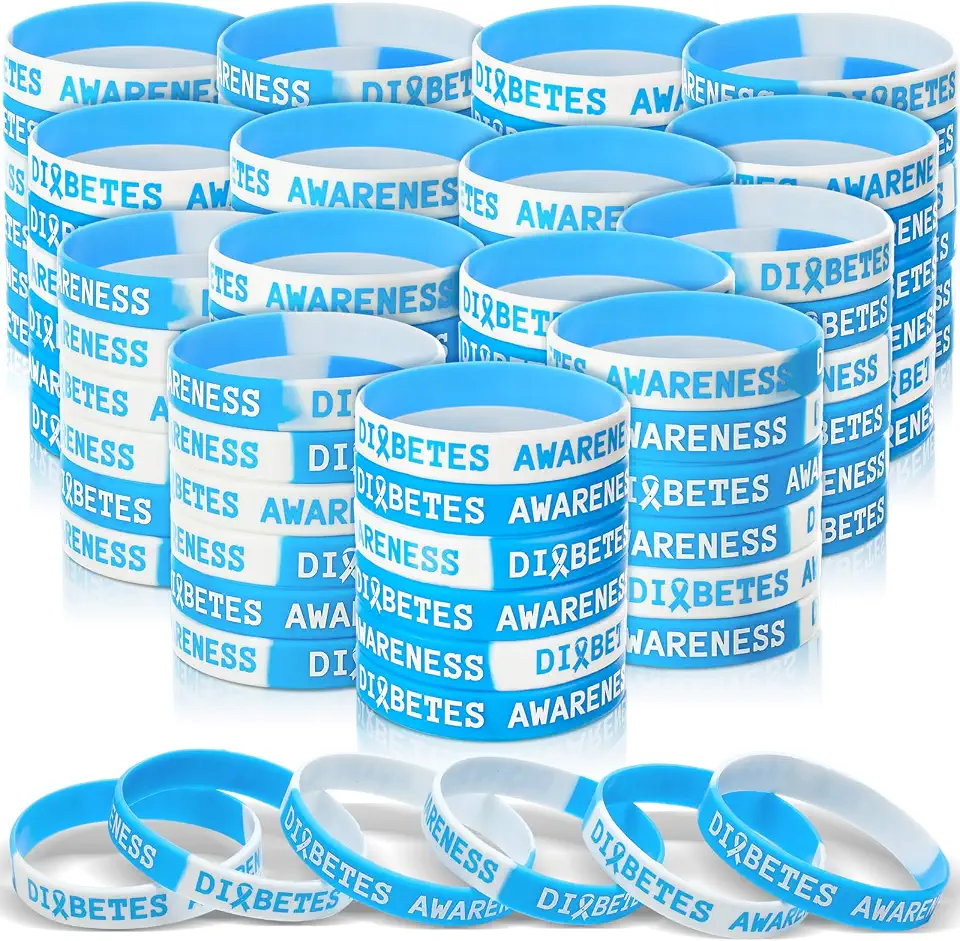 100 Pieces Diabetes Awareness Silicone Wristband Bulk Type 1 Diabetes Prevention Rubber Bracelets Diabetic Blue Ribbon Stretch Wristband for Women Men Non Profit Charity Fundraisers Supplies