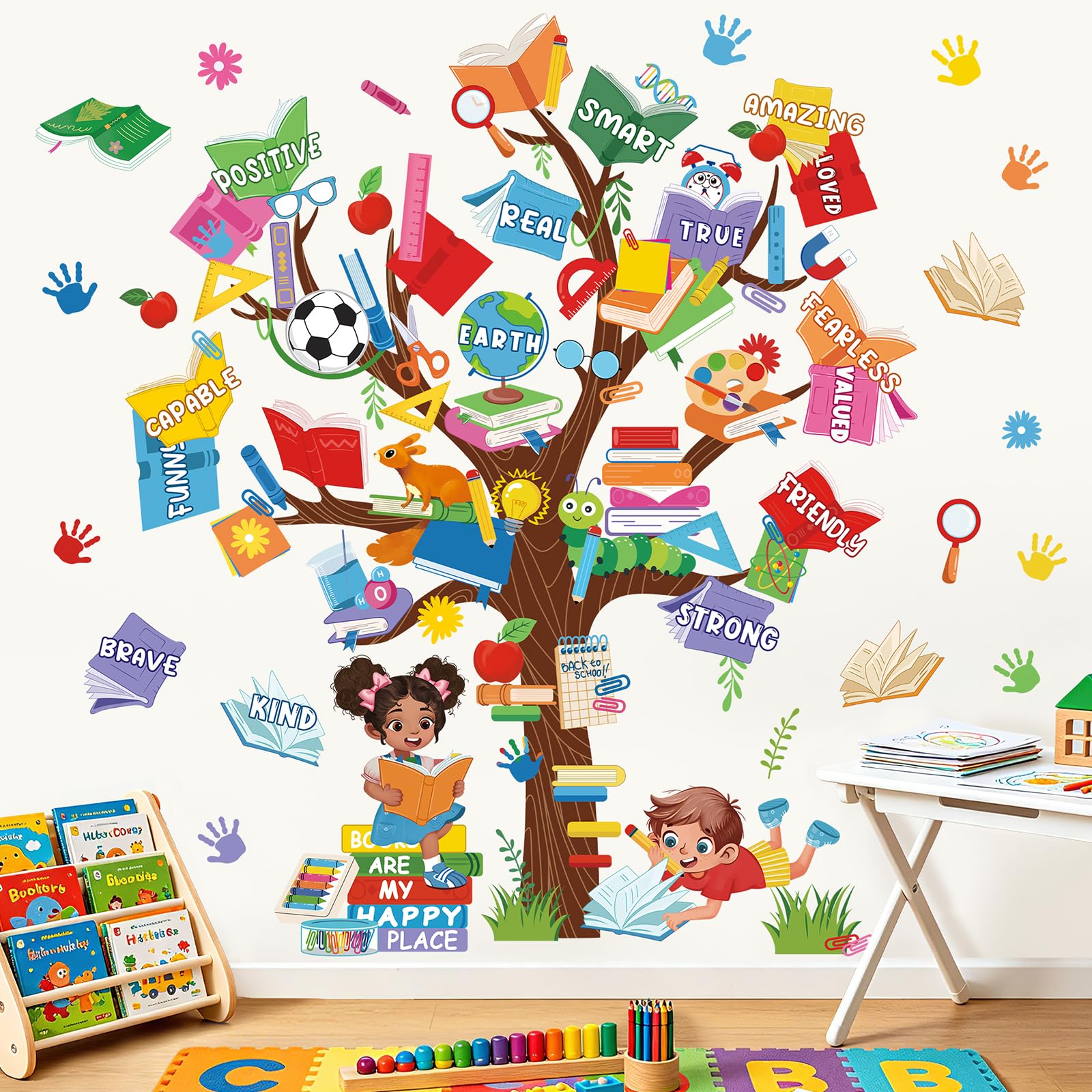 wondever Books Tree Wall Stickers Classroom Tree Inspirational Quotes Reading Corner Peel and Stick Wall Art Decals for Kids Room Elementary School Teacher Classroom