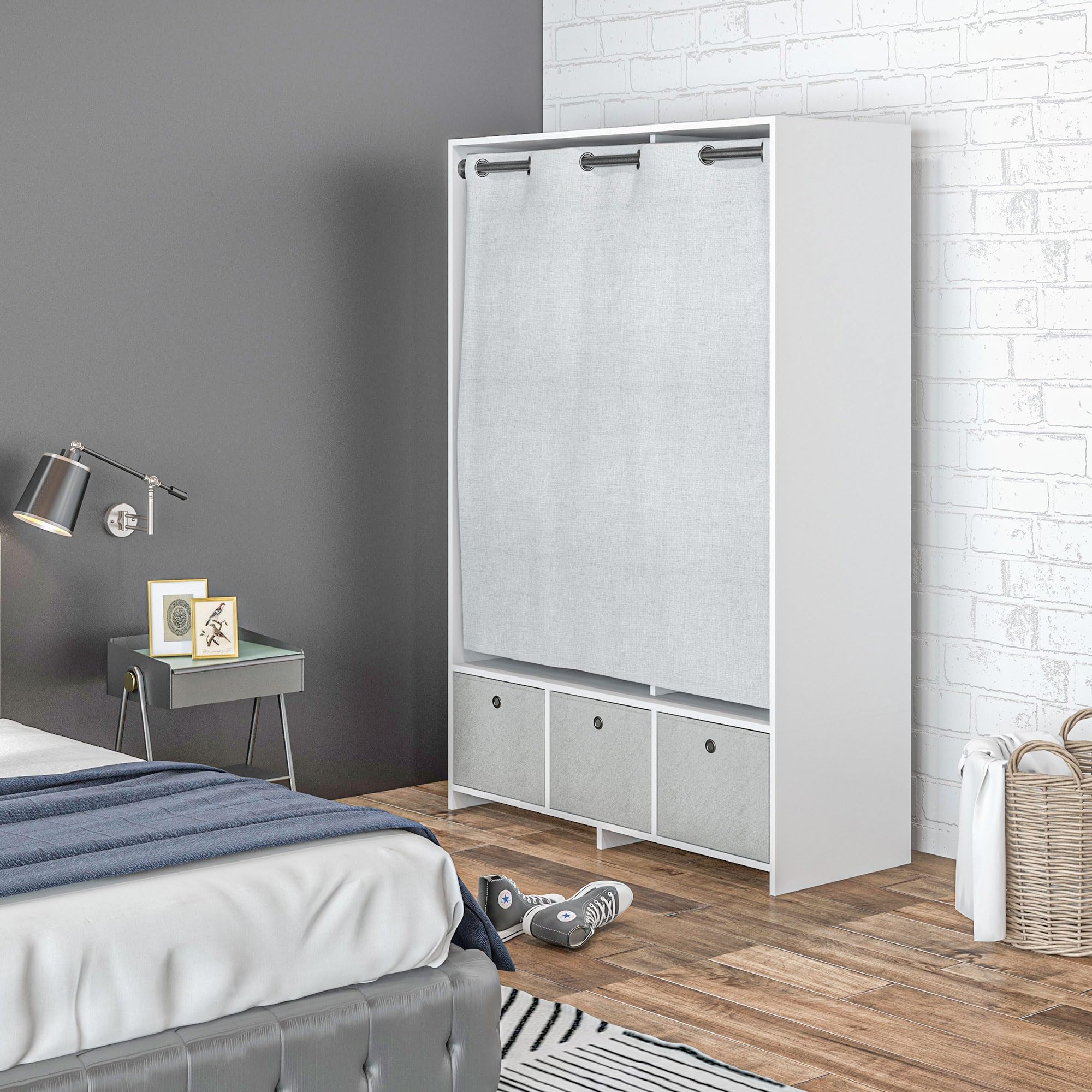 HOMCOM Armoire penderie, Dressing avec Rideau, Armoire Chambre vêtement, Garde-Robe avec Tringle, 3 Compartiments et 3 tiroirs en Tissu Amovibles - 105 x 48 x 160 cm, Blanc