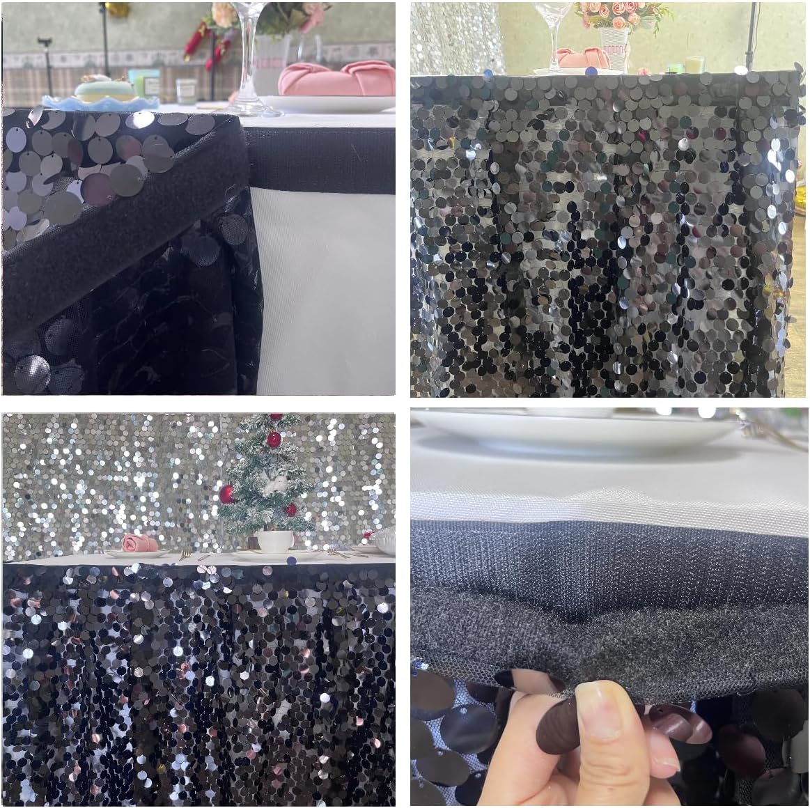 Black Table Skrits Large Sequin Desk Skirt Black Tablecloth for 9 Ft Rectangle Halloween Table Skirt Decor