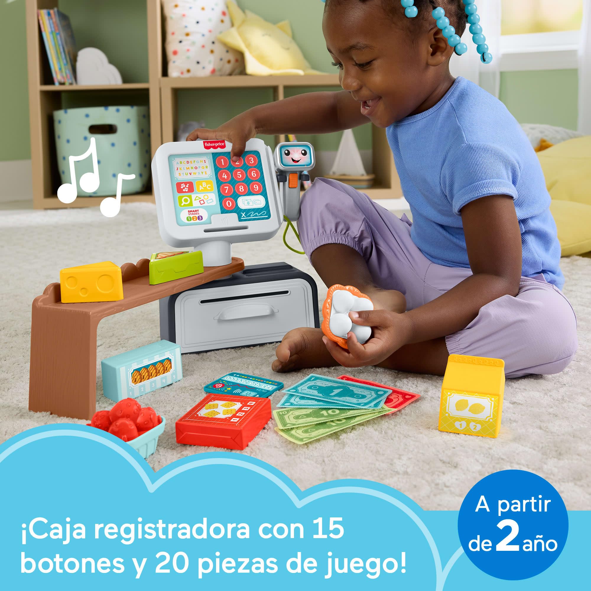 Fisher-Price Laugh & Learn Juguete de aprendizaje para niñas y niños pequeños Caja registradora para contar y comprar, tienda de juguete con 20 piezas, versión multilingüe, a partir de 2 años, JGX00