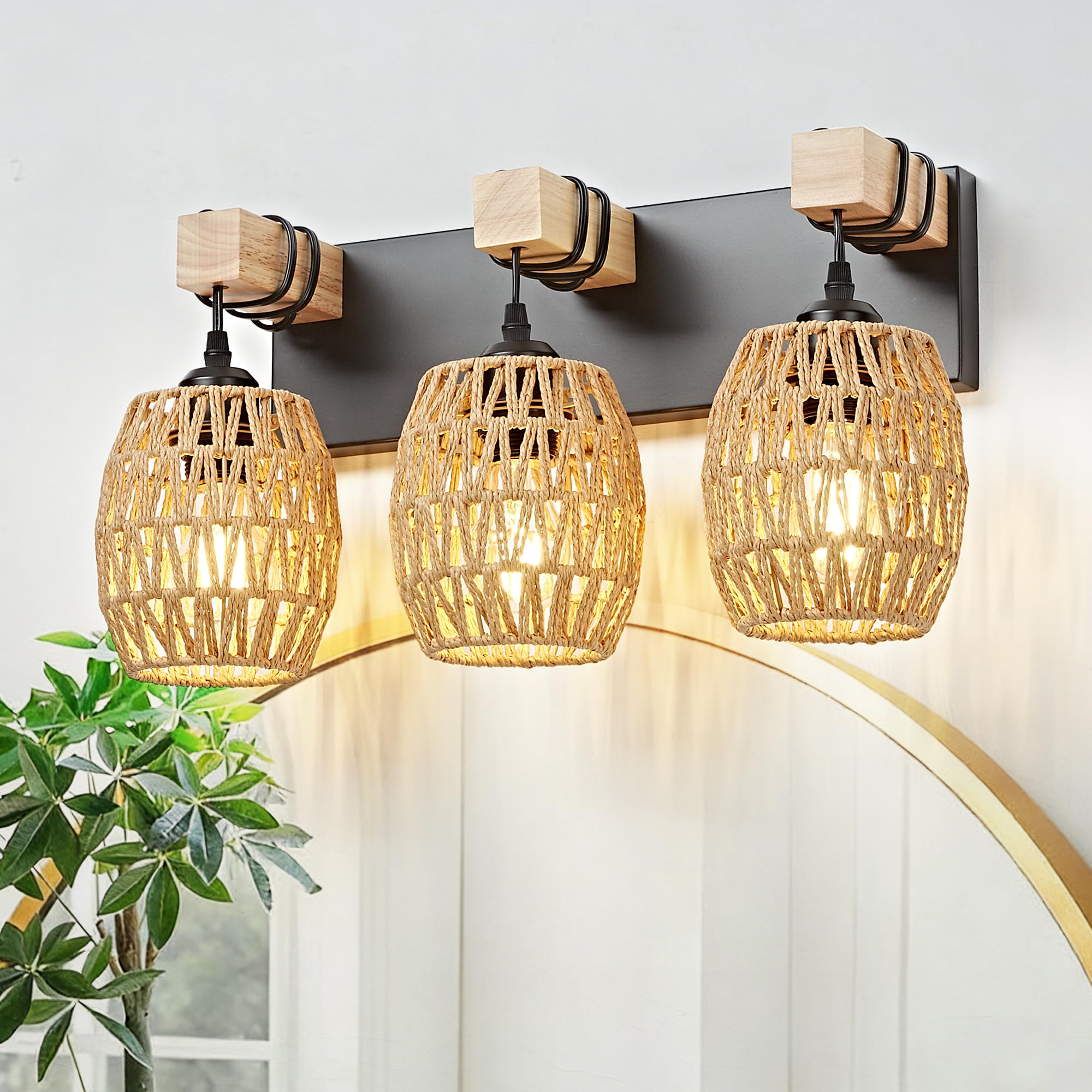 OKELI 3-Light Bathroom Vanity Light Fixtures Over Mirror, Hand-Woven Boho Rattan Wicker Wall Sconce, Rustic Farmhouse Natural Wood Black Vanity Lighting for Bathroom Bedroom Hallway, E26 Base