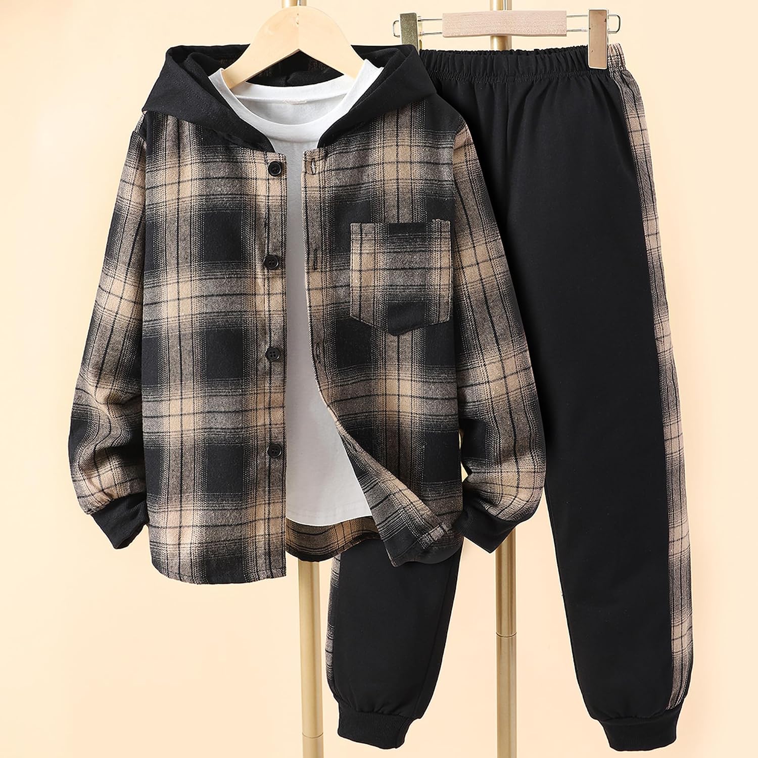 Little Boys Two Pieces Outfit Kids Plaid Color Front Button Down Hoodie Sweatshirt and Jogger Sweatpants Sets