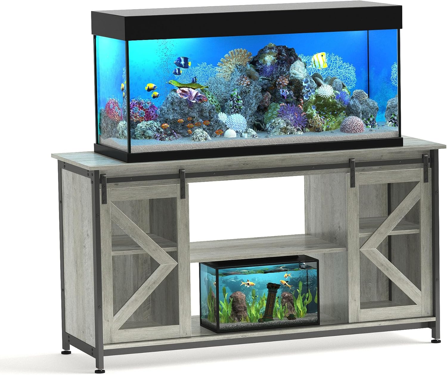80 Gallon Fish Tank Stand with Sliding Doors, Farmhouse Aquarium Stand with Storage Cabinet, Heavy Duty Fish Tank Table for Turtle Tanks Reptile, Adjustable Feets, 1000 LBS Capacity (Black)