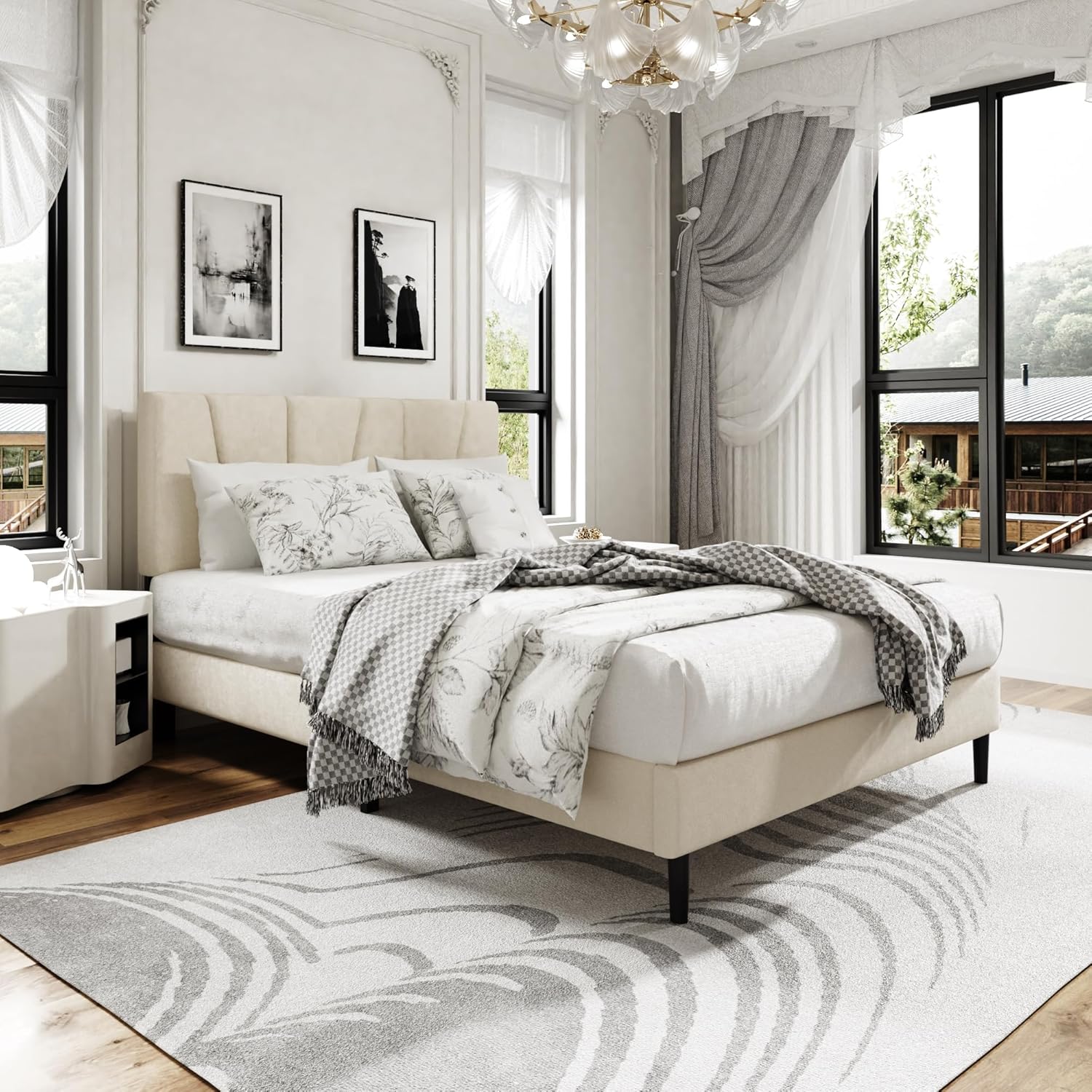 Full Size Platform Bed Frame with Upholstered Headboard, Wooden Slats Support, Noise Free, No Box Spring Needed, Easy Assembly, Beige, Velvet