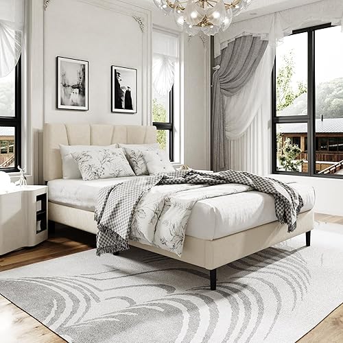 Miniatura 8 de Base de cama de plataforma de tamaño matrimonial con cabecera tapizada, soporte de listones de madera, sin ruido, no necesita somier, fácil montaje,