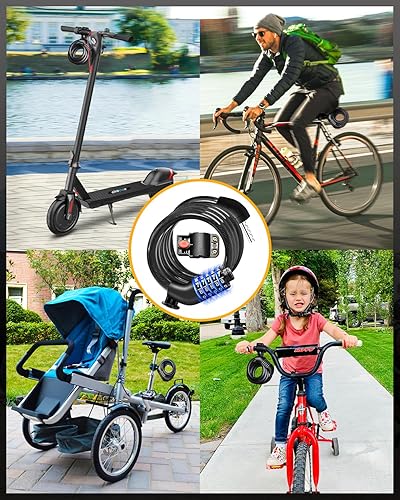 Miniatura 6 de URBANMAX Cable de bloqueo de bicicleta con combinación, combinación reiniciable de alta seguridad, antirrobo, bloqueo de scooter con soporte de