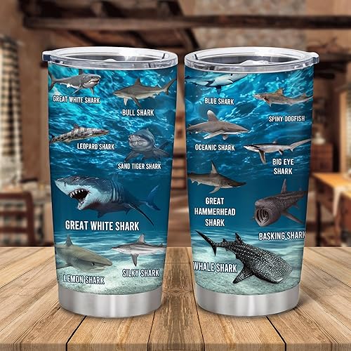 Miniatura 2 de Hyturtle Regalos personalizados para amantes de los tiburones, vaso de acero inoxidable con nombre impreso de tiburones de 20 onzas con tapa, idea