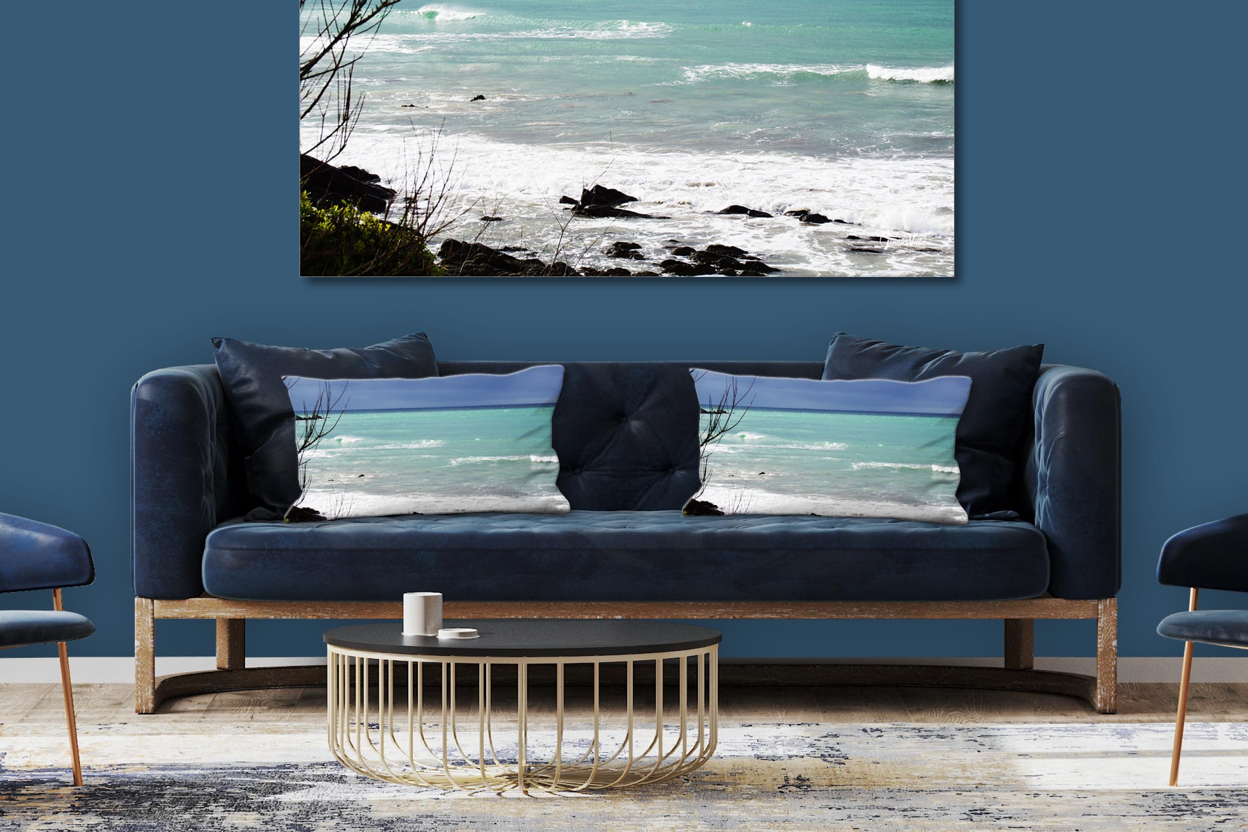 Farbspiele 2 - Foto-Kissen-Hülle Set (2 STK.) 80 x 40 cm | Kissen-Bezüge - passend zu Wandbild - Deko-Kissen - Frankreich Strand Küste blau türkis