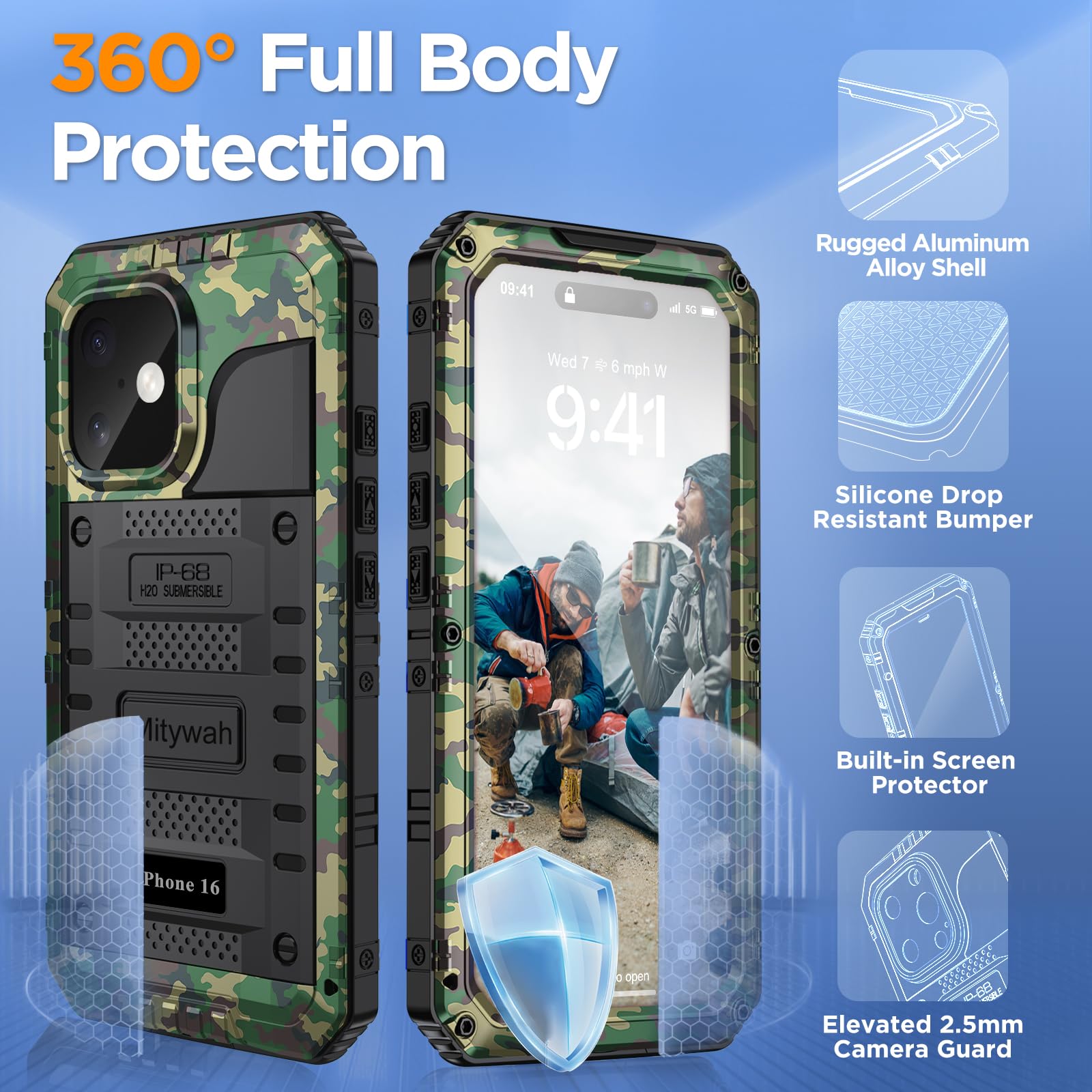 Mitywah Wasserdichte Schutzhülle für iPhone 16, stoßfest, strapazierfähig, mit integriertem Displayschutz, Unterwasser-Ganzkörper-Schutzhülle, Metallhülle, 6,1 Zoll, Camouflage