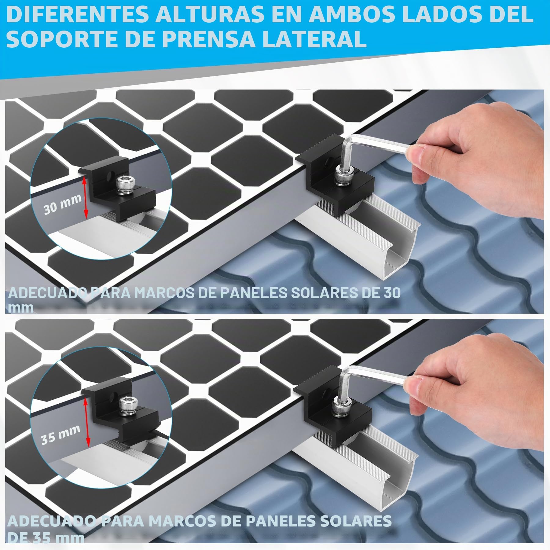 Kit de Montaje para Módulos Solares, Soporte Fotovoltaico para 4 Módulos, Riel Plateado de 12CM + Clips de Drenaje de Agua 30 mm + Abrazadera Ajustable para Módulos de 30-35MM de Grosor
