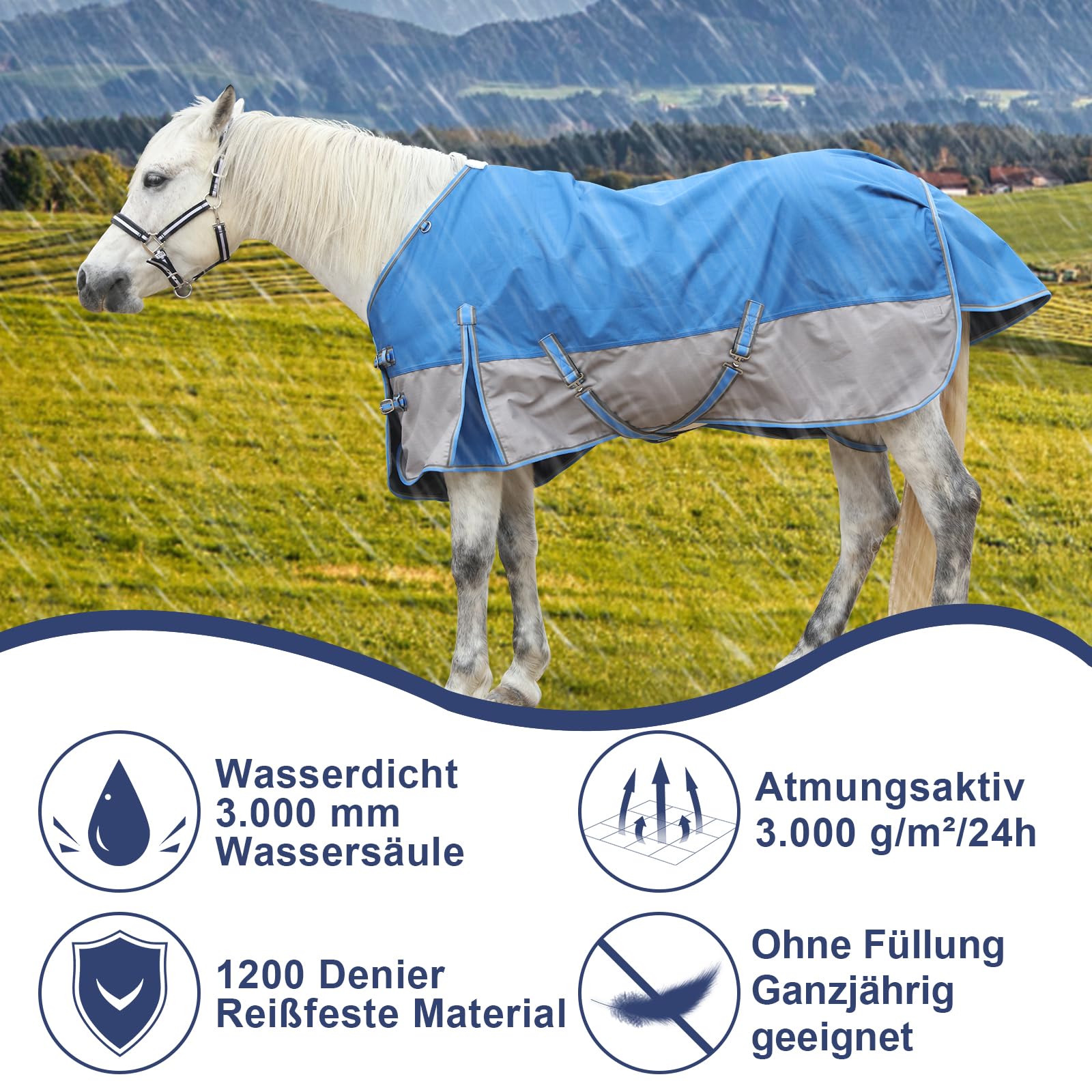 1200D Coperta per cavalli resistente allo strappo senza imbottitura (0g), Coperta da esterno leggera, impermeabile e traspirante per cavalli, Blu-Grigio 145 cm