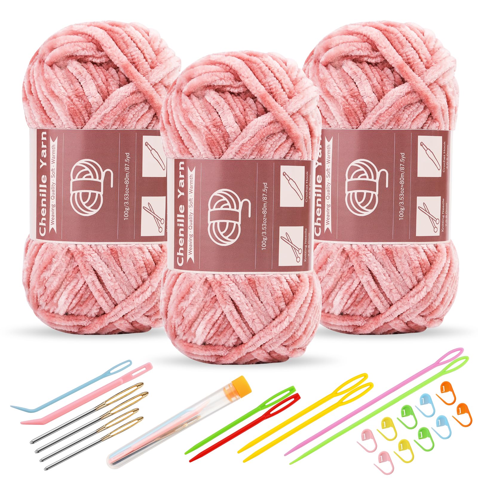 LUNARM Chenille Yarn for Crocheting Knitting, 3 Skein 263 Yard Thick Soft Chunky Fluffy Weaving Plush Yarn for Blankets Clothes Pattern Creations with Big Eye Needles (Peach Pink)