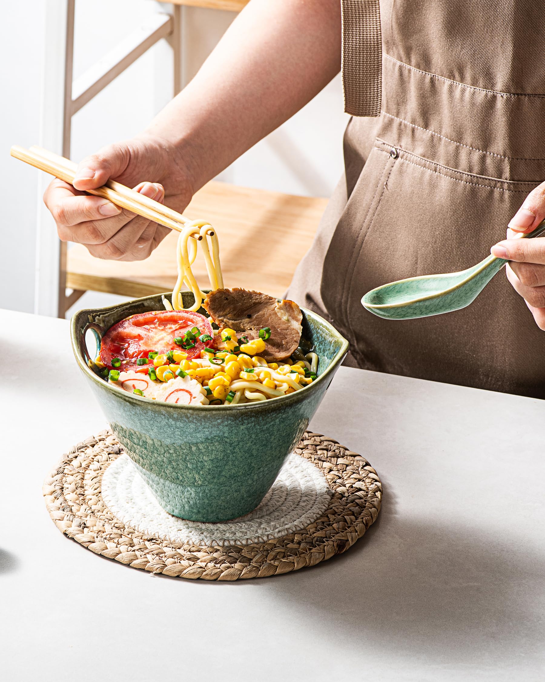 HENXFEN LEAD Tazón de ramen japonés, 2 unidades, 600 ml, juego de cuencos de cerámica con palillos, cuchara y cuchara, verde brillante