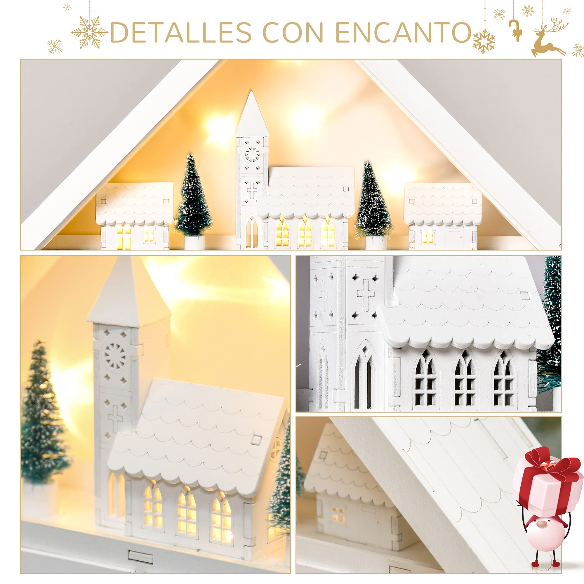 HOMCOM Calendario de Adviento Navidad 24 Cajones Luces LED Decoración Navideña Casita 39x9x42 cm Blanco