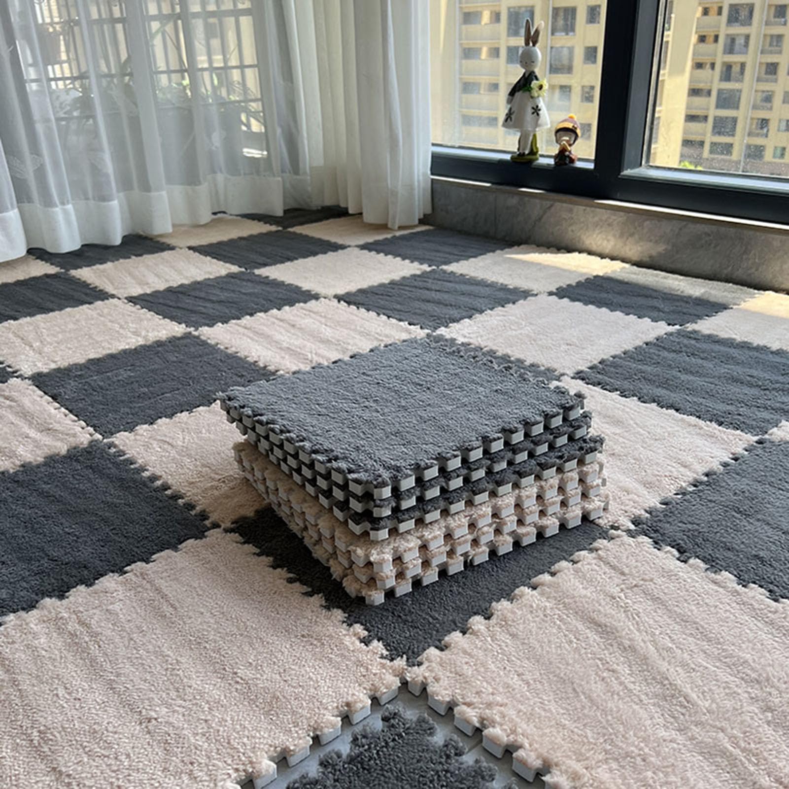 Tappeto ad Incastro Splice 16 tappetini Quadrati in Schiuma di Peluche, tappetini Quadrati in Schiuma ad Incastro Puzzle per la Decorazione del Pavimento della casa tappe,Gray+Apricot