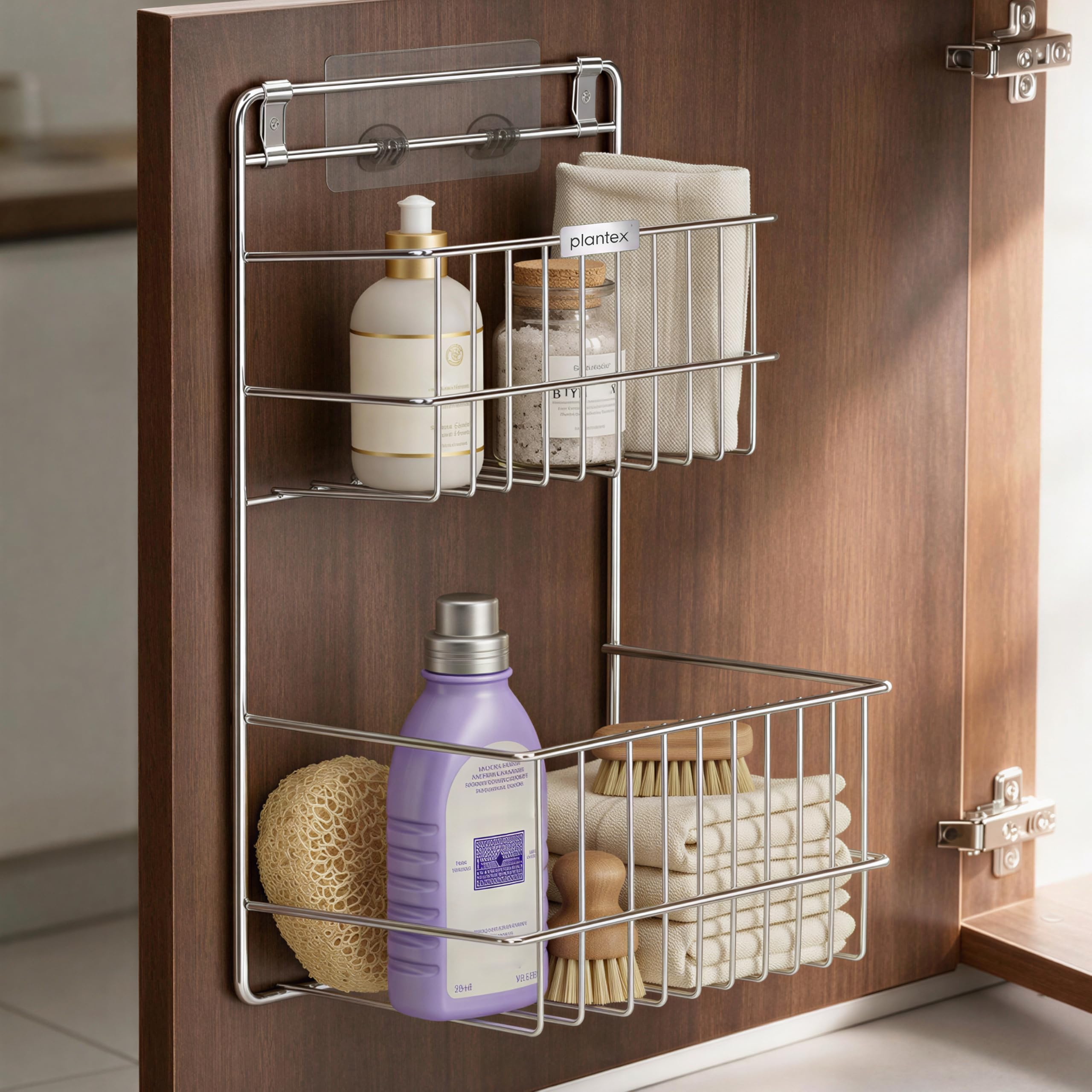 plantex self adhesive multipurpose storage shelf/stainless steel large bathroom detergent holder/bathroom organiser without drill/bathroom shelf/under the sink detergent holder (chrome)