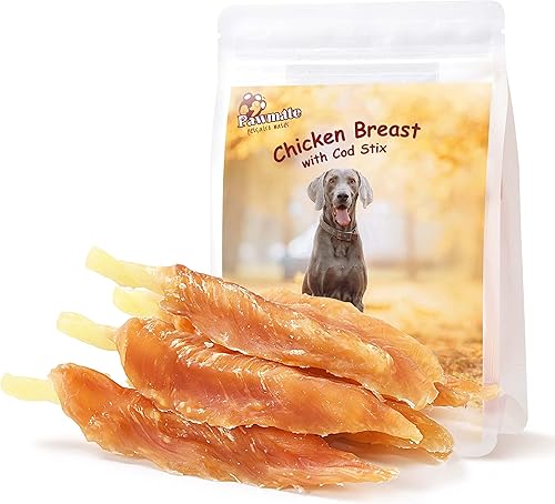 Pawmate Dog Treats - Palitos de bacalao envueltos tiernos en pollo, sin piel cruda, con alto contenido de proteínas, bocadillos de entrenamiento