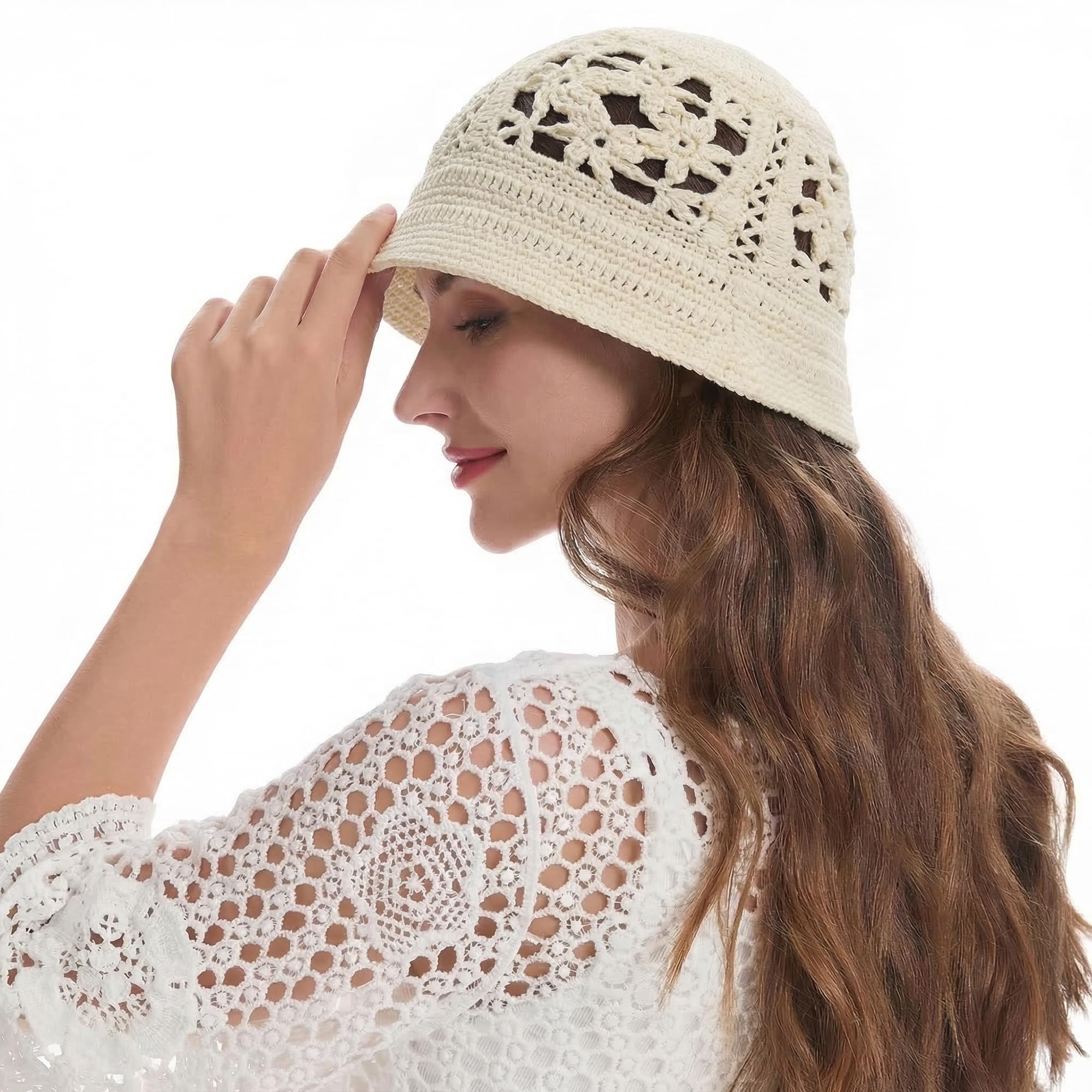 ZLYC Sommerhut für Damen, Baumwolle, handgefertigt, gehäkelt, gestrickt