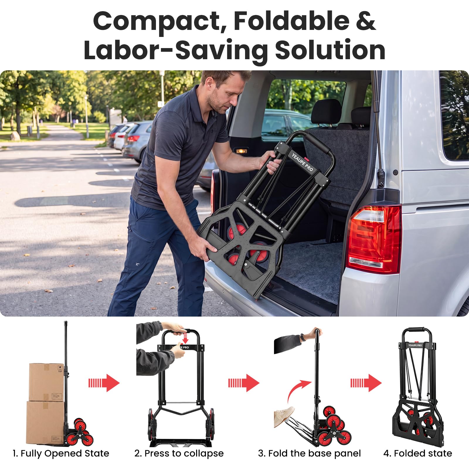 YEAUPE PRO Faltbare Treppensackkarre Höhenverstellbar 50 kg Schwarz | TPR-Rollen, 2 elastische Spanngurte und verstellbarer Griff für Treppen, Umzug, Garten und Transport von Gegenständen