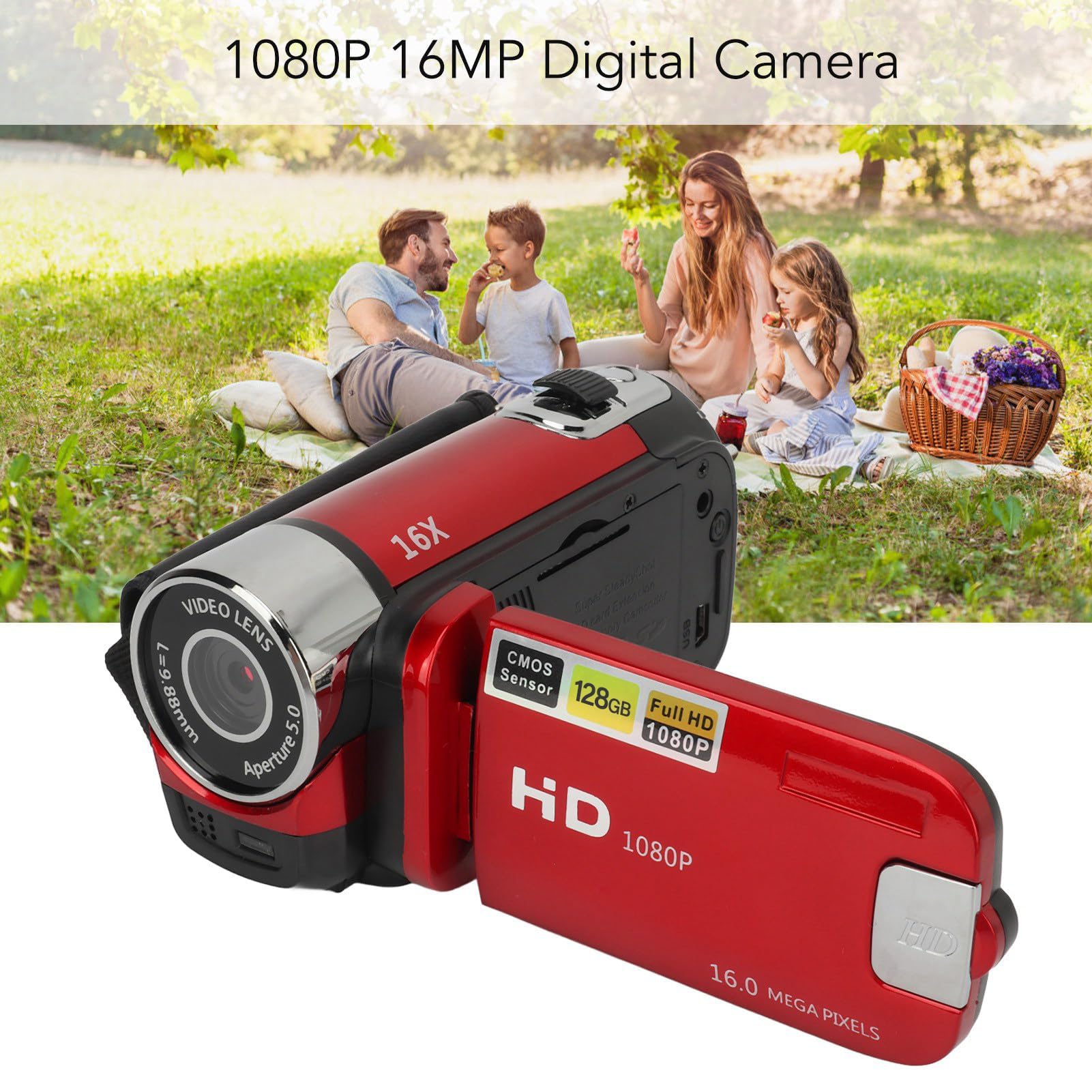 Appareil Photo Numérique HD 1080P, Caméscope Vidéo Vlogging Zoom 16X avec écran Rotatif de 2,4 Pouces pour la Photographie, Appareil Photo Selfie Portable 16MP avec Lumière de