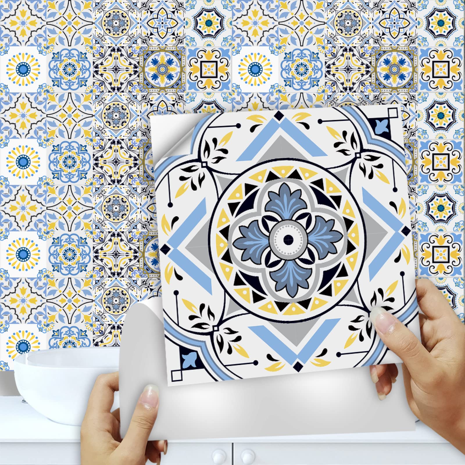 Moroccan Tile Stickers for Kitchen， Multicolor Tile Stickers Waterproof Self Adhesive Oil Proof Splashback 10x10cm 10 Pcs