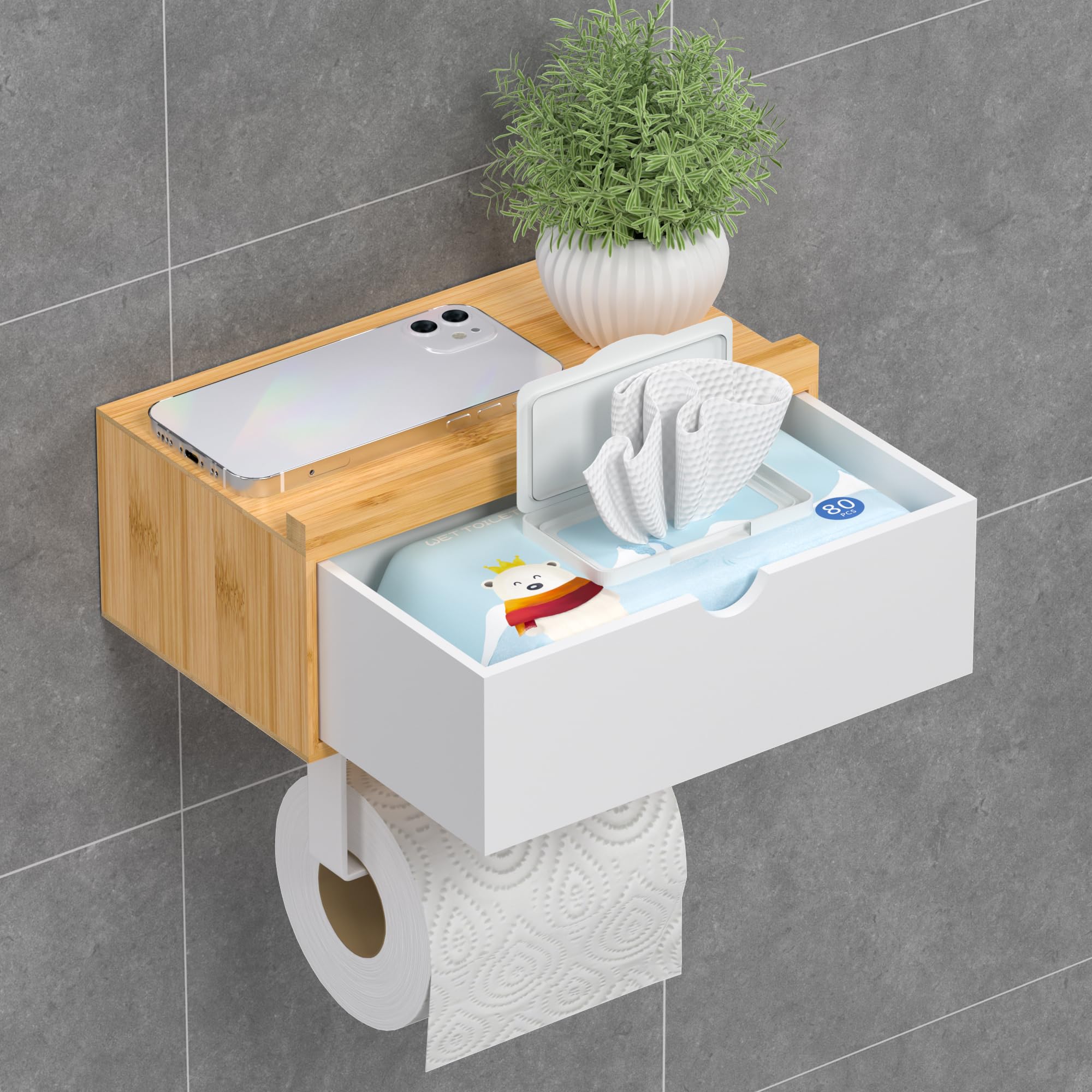 EXABANG Toilettenpapierhalter Ohne Bohren, Klopapierhalter mit  Feuchttcherbox Klorollenhalter mit Ablage Bambus Papier Halterung fr WC  Badezimmer, Selbstklebend or Bohren Natur : Amazon.de: Baumarkt