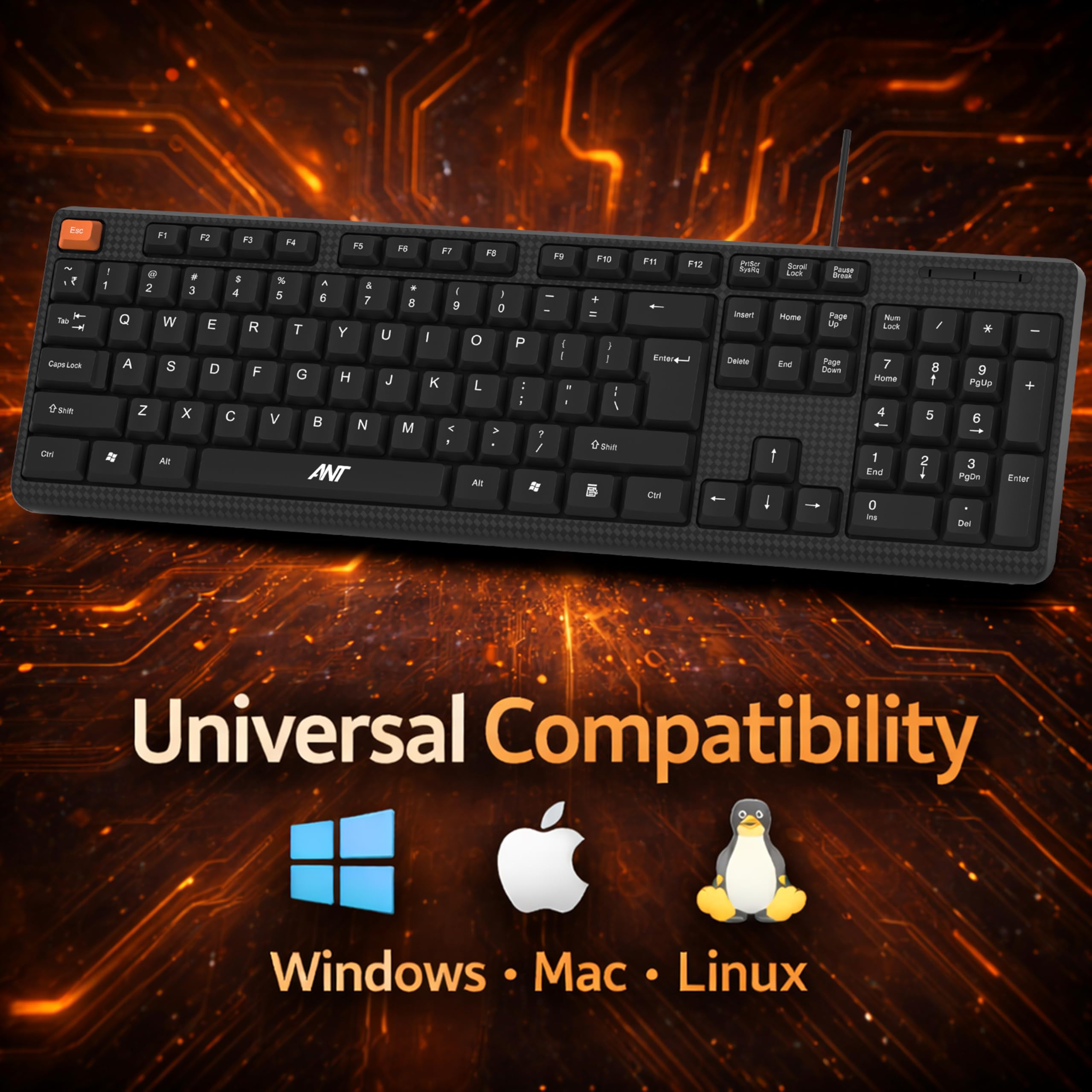 Ant Master 05 Wired USB Keyboard - Full-Size 104 Keys with Numeric Pad | Membrane Silent Typing, 1.3m Cable, Plug & Play | Ergonomic Office & Home Keyboard for PC, Laptop, Mac & Linux – Black — Amazon image 3