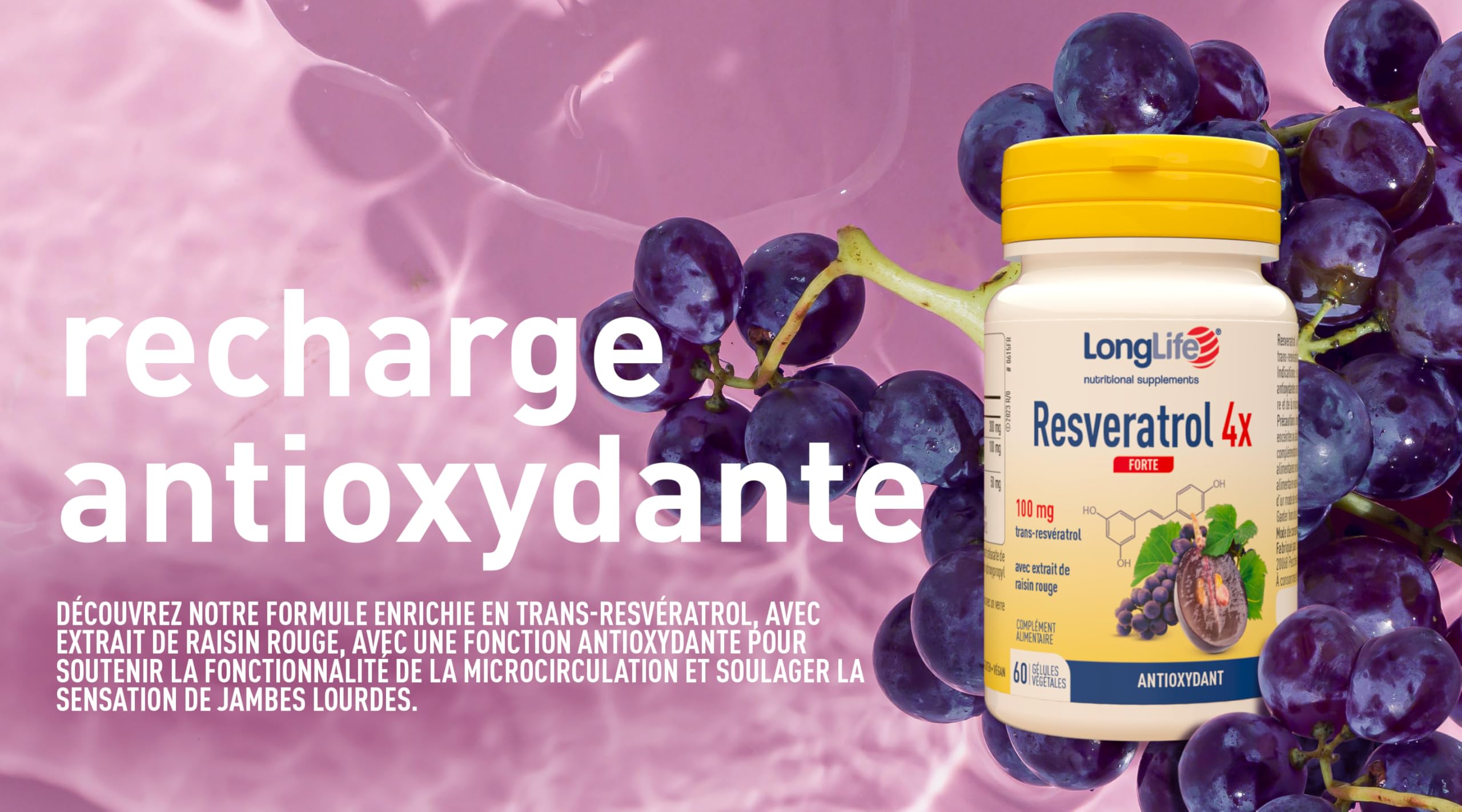 LongLife® Resveratrol 4x Forte | Trans-resvératrol pur (Veri-te™) et raisin rouge | Cœur et circulation | Jambes légères | 60 gélules | Végan et sans gluten