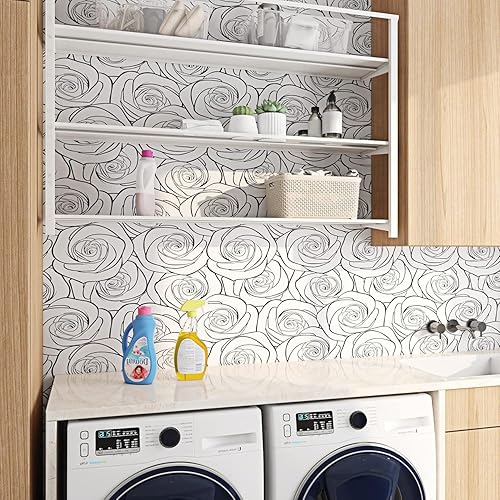 Miniatura 4 de Papel tapiz de rosas blancas y negras para despegar y pegar, papel de contacto floral para paredes, lavandería, 17.5 pulgadas x 10 pies,
