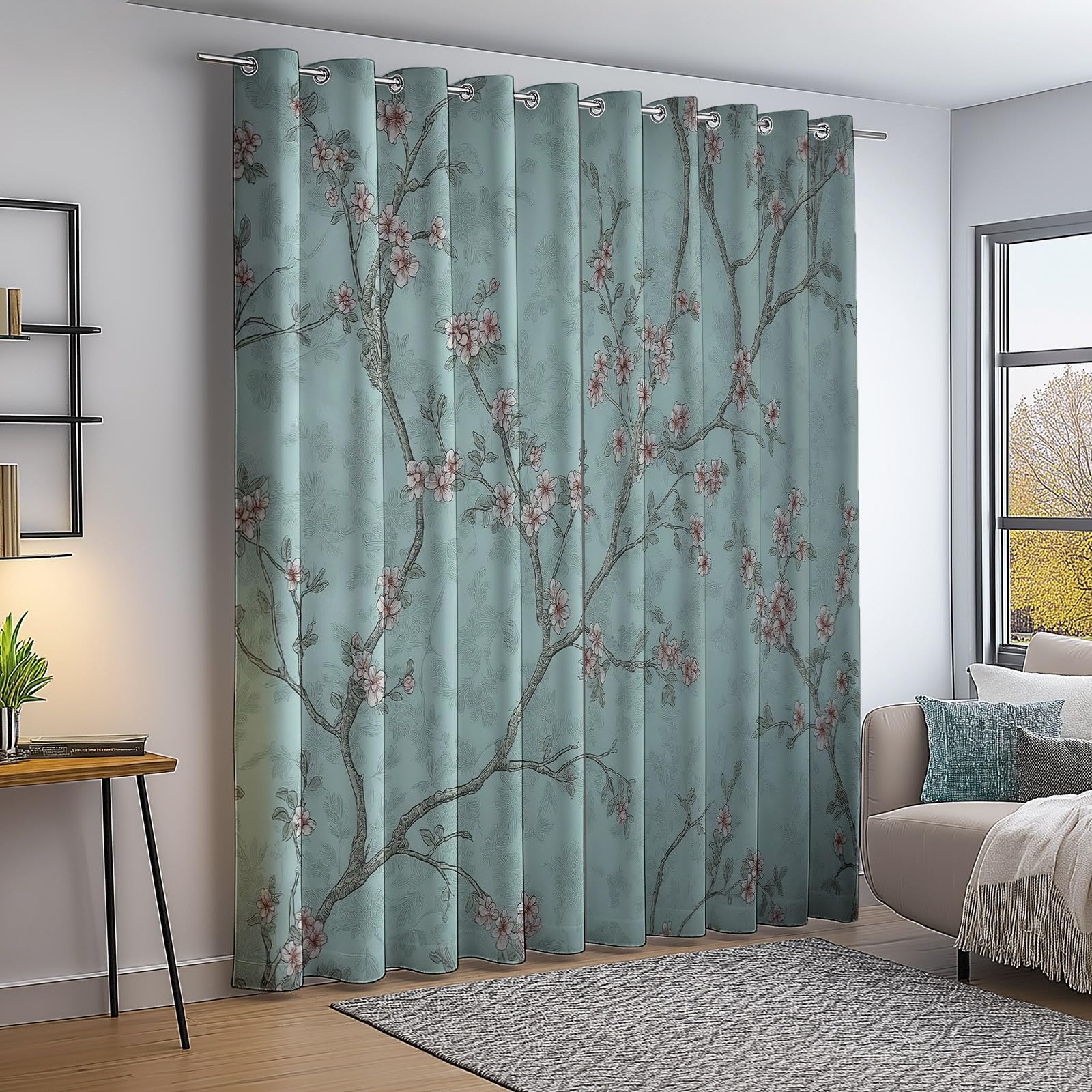 Izolowana termicznie zasłona - Zasłony zaciemniające Eleganckie chińskie gałęzie kwiatowe zasłony dekoracyjne do okna salonu, 70 l x 240 cm (2 panele), jasnoniebieski