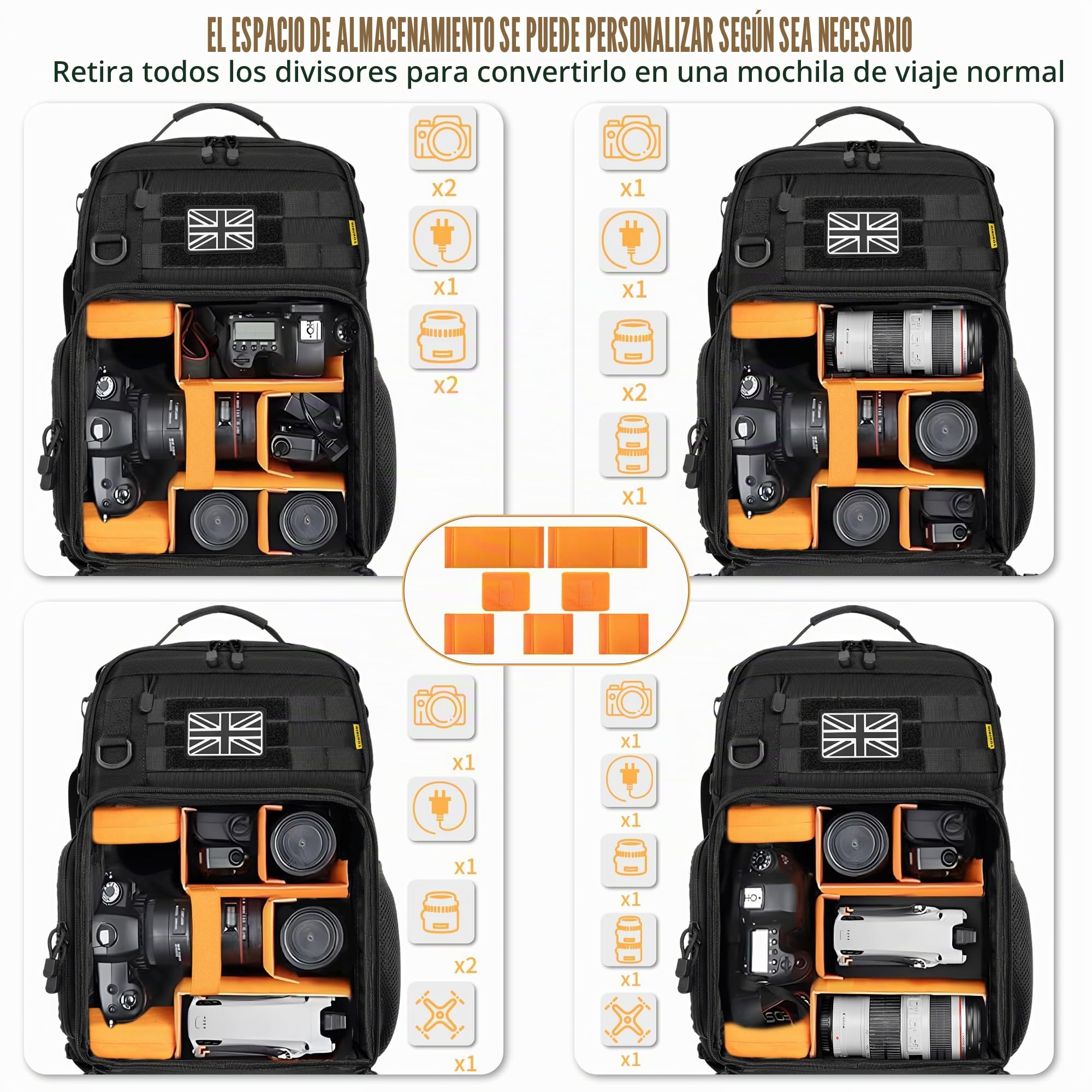 Mochila para cámara con compartimento para laptop de 15.6 pulgadas, bolsa impermeable para cámara, bolsa de fotografía DSLR/SLR duradera compatible con drones Canon, Nikon, DJI, inserto acolchado