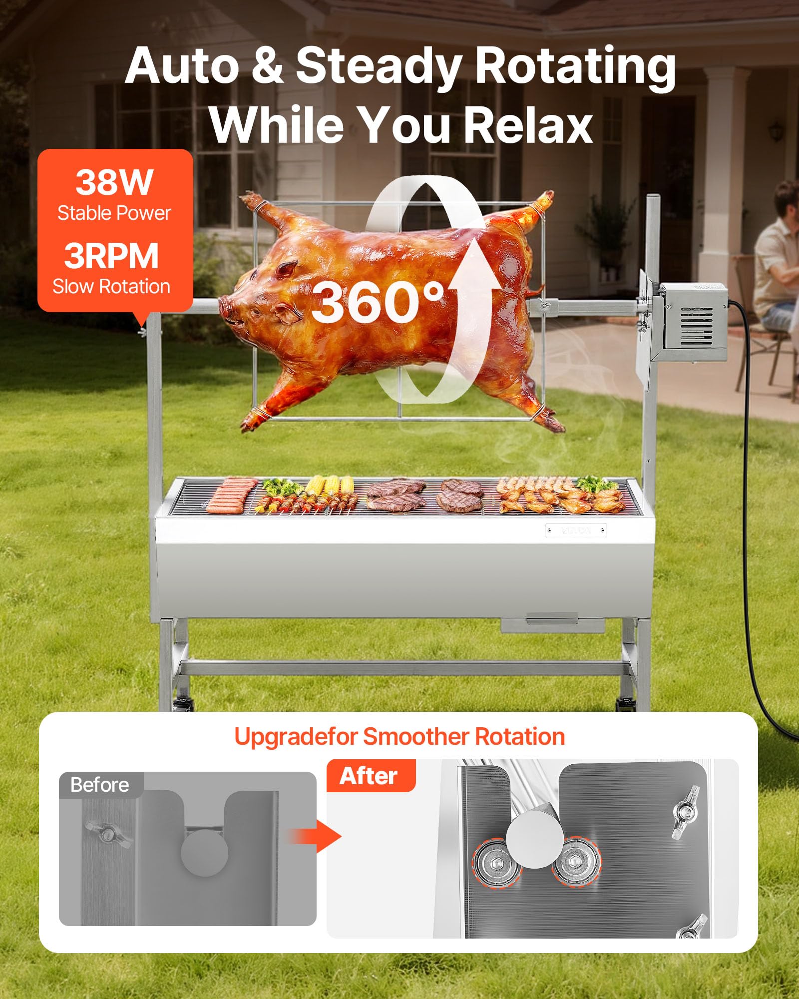 VEVOR Griglia per Arrosto da Barbecue Griglia a Carbone, Lunghezza 94 cm 38 W con Capacità di Carico di 60 kg e Ruote e Regolazione dell'Altezza a 7 Vie, in Acciaio Inossidabile per Campeggio