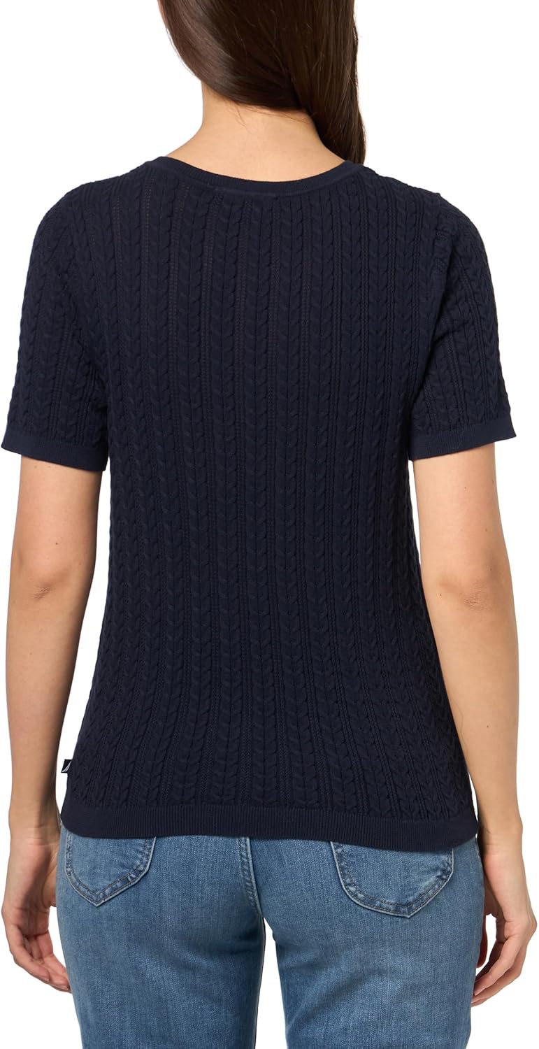 Nautica Womens Short Sleeve Crew Neck Cable Solid Sweater - Image 2