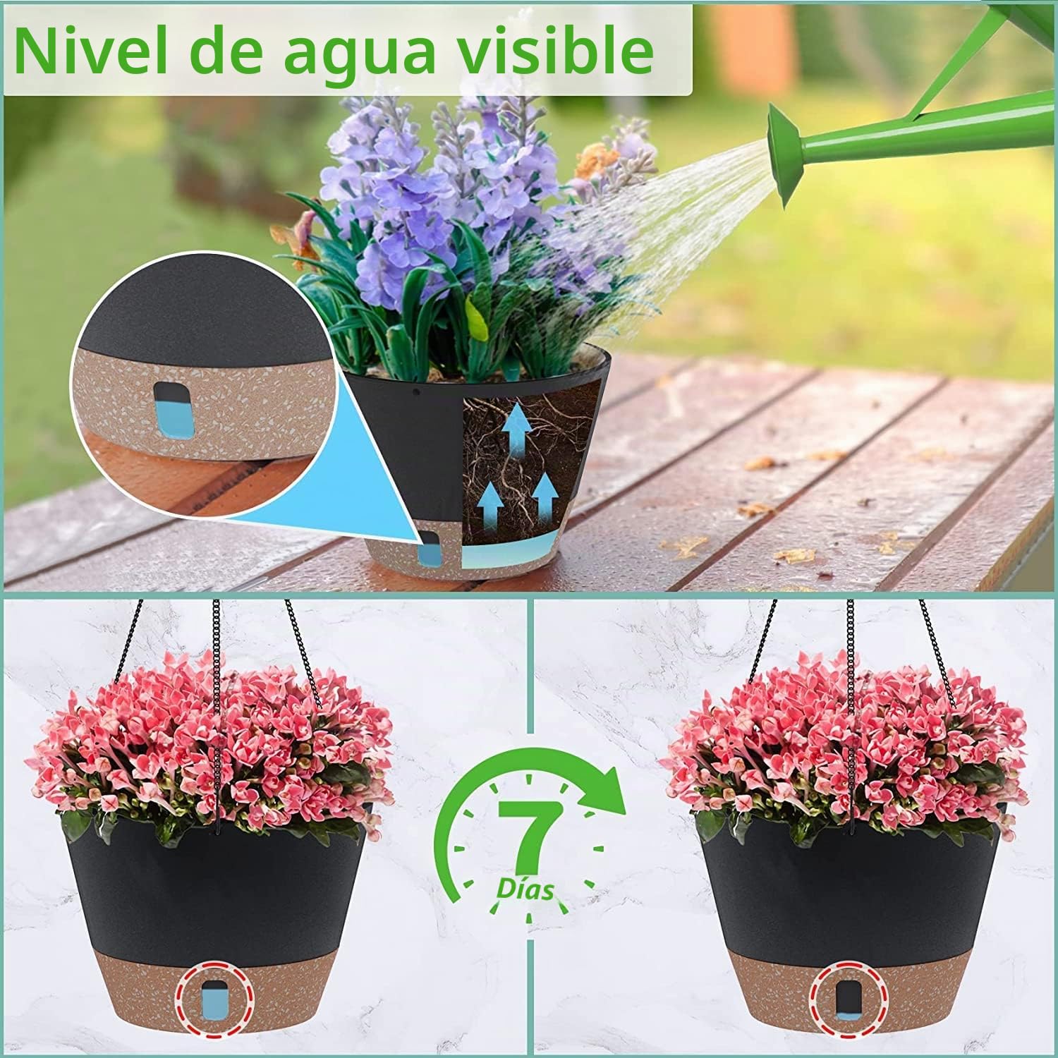 LATERN 3 Piezas Maceta Colgante de Plástico, 25CM Macetas de Autorriego Cesta Colgante para Plantas Flores Hierbas Suculentas - con Bandeja de Nivel de Agua Visible, Drenaje Orificio, Cadena Ganchos