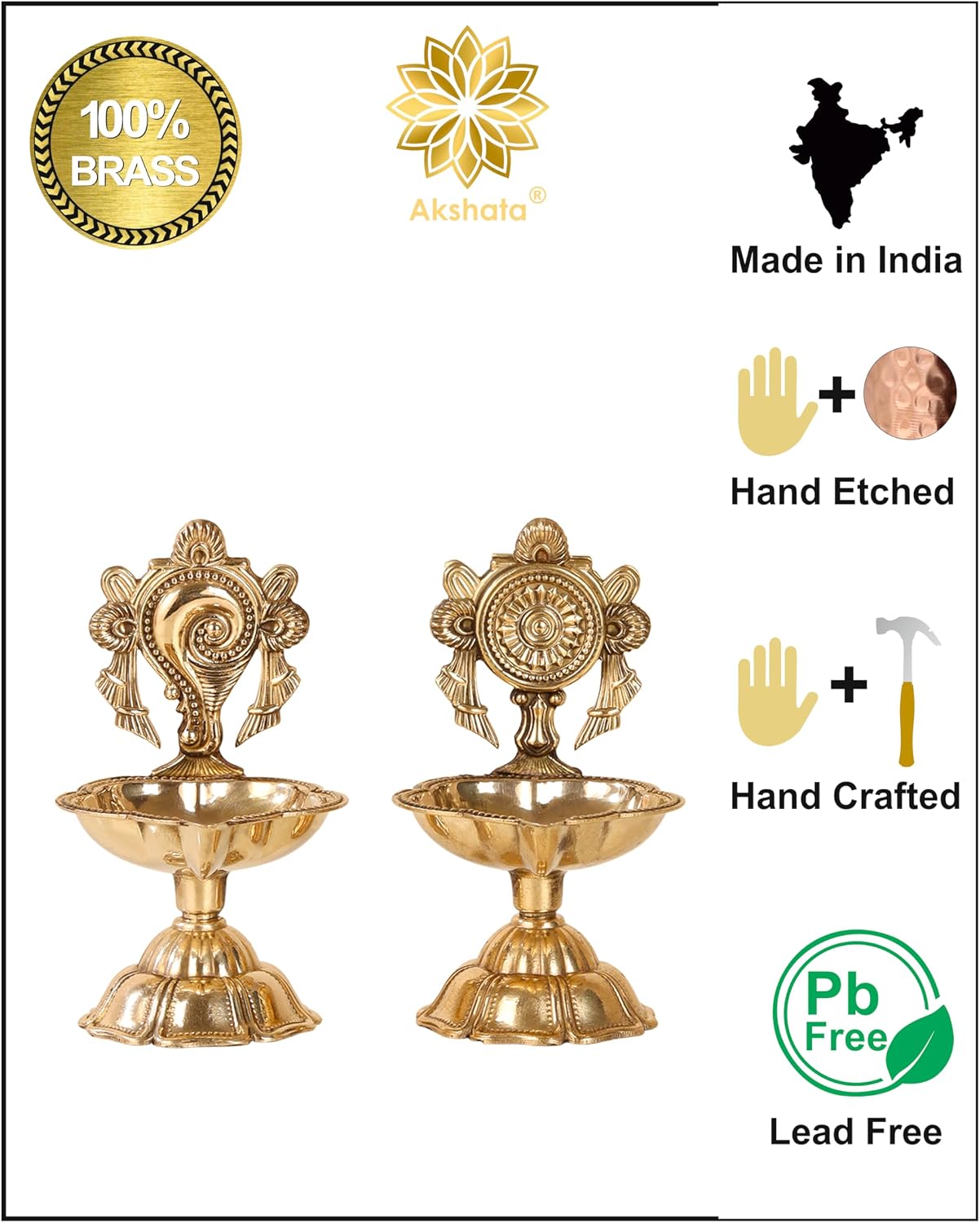 AKSHATA Pure Brass Shanku Chakra Kuber Diya Diwali Decoration Item for Home Decor - Glossy Gold Finish Handmade Oil Lamp for Puja Room & Office Decor, Living Room, Diwali Festival Gift Item (Set of 2)