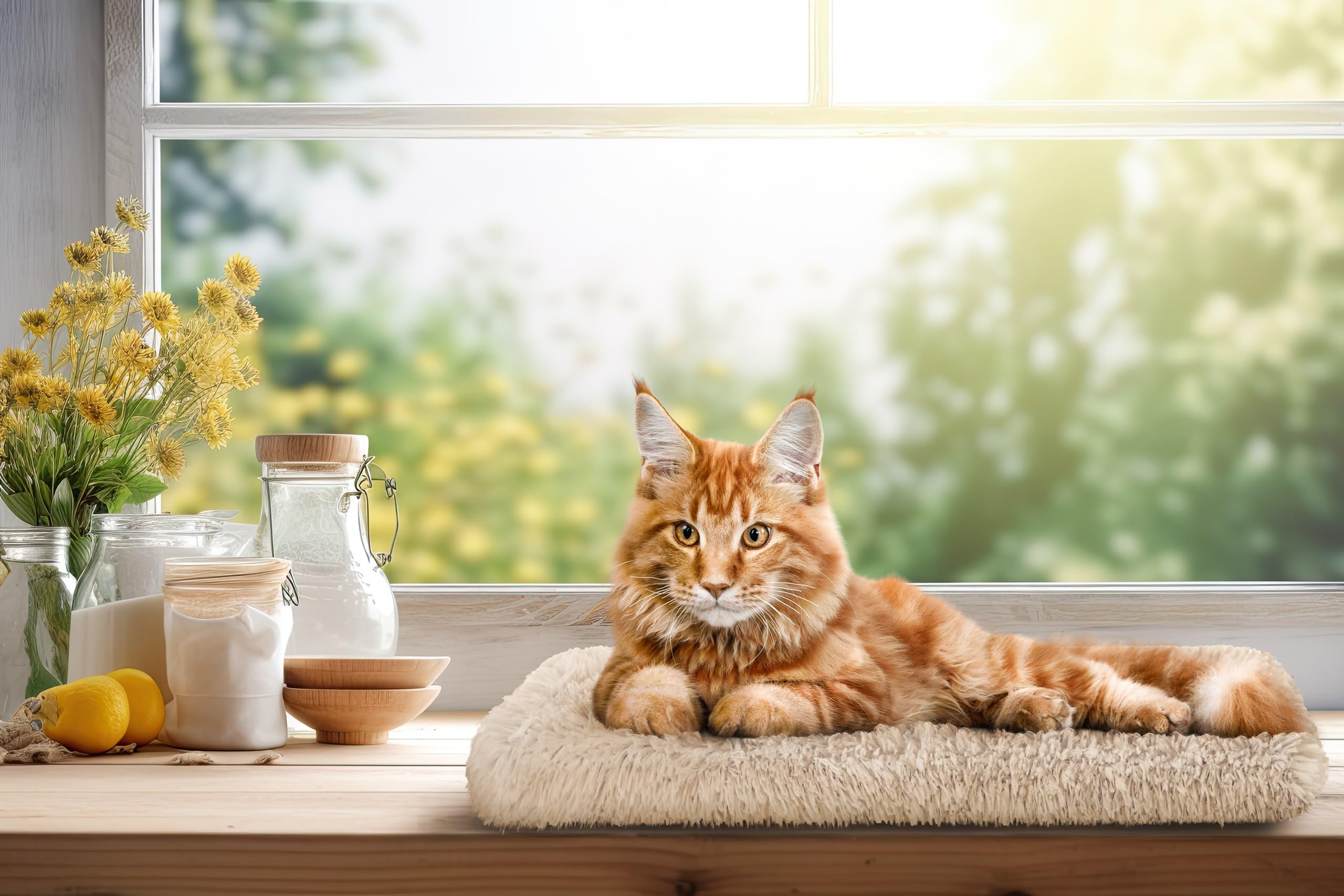 Katzen Fensterliege Fensterbank rutschfest - Katzenbett Fensterbank 60x20 cm - Weich & Kuschelig - Fensterliege für Katzen Selbstheizende Katzendecke - Waschbarer Bezug (Beige)