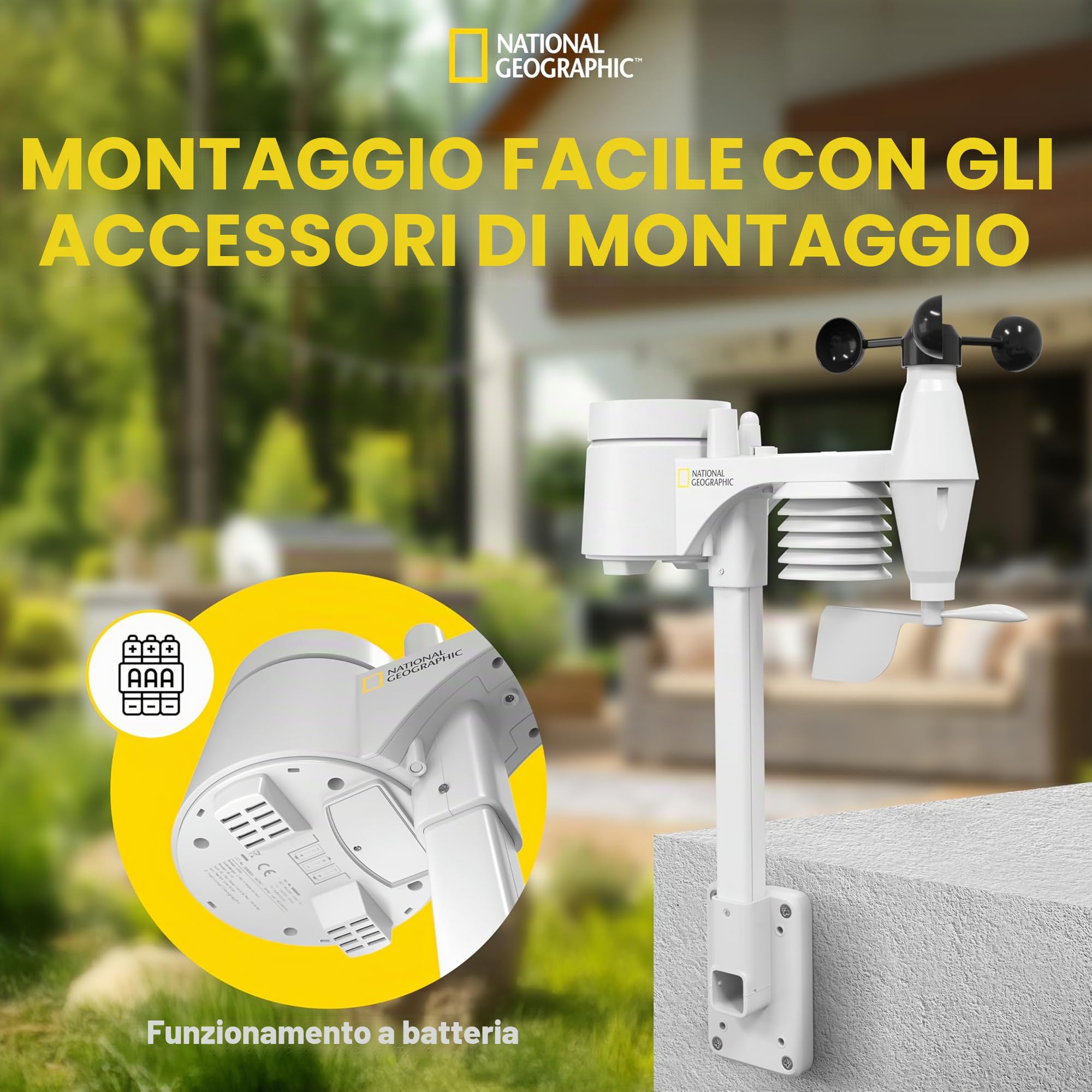 National Geographic Stazione meteo wireless con sensore da esterno WLAN, centralina meteo a colori con sensore 7 in 1 per vento, umidità, temperatura, precipitazioni, livello UV e intensità della luce