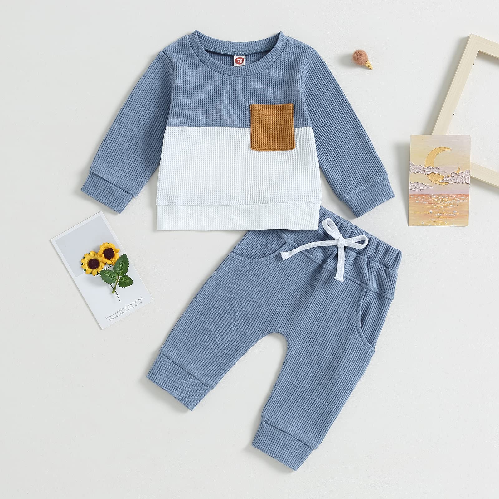 MERSARIPHY Toddler Baby Boy Outfits Fall Winter Color Block Long Sleeve Sweatshirt Pullover and Pants Set Cute 2Pcs Clothes Set(Blue Waffle,18-24 Months)