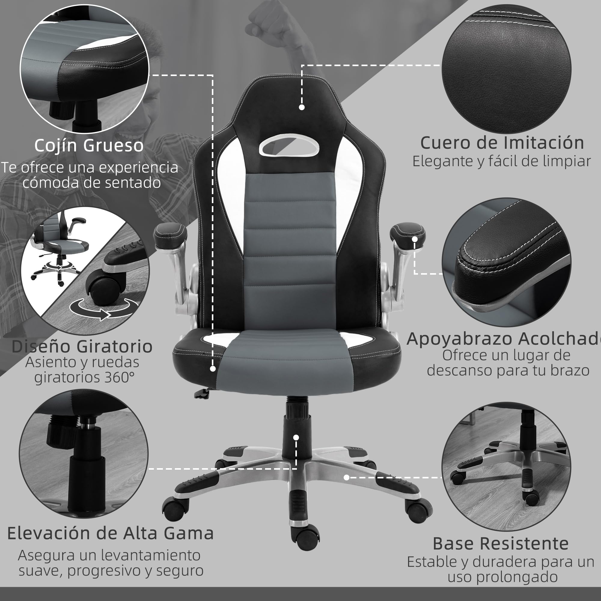 HOMCOM Silla de Oficina Silla de Escritorio Ajustable Silla de Despacho con Reposabrazos Abatibles 5 Ruedas y Función Basculante Carga 120 kg 65x69x112-122 cm Gris