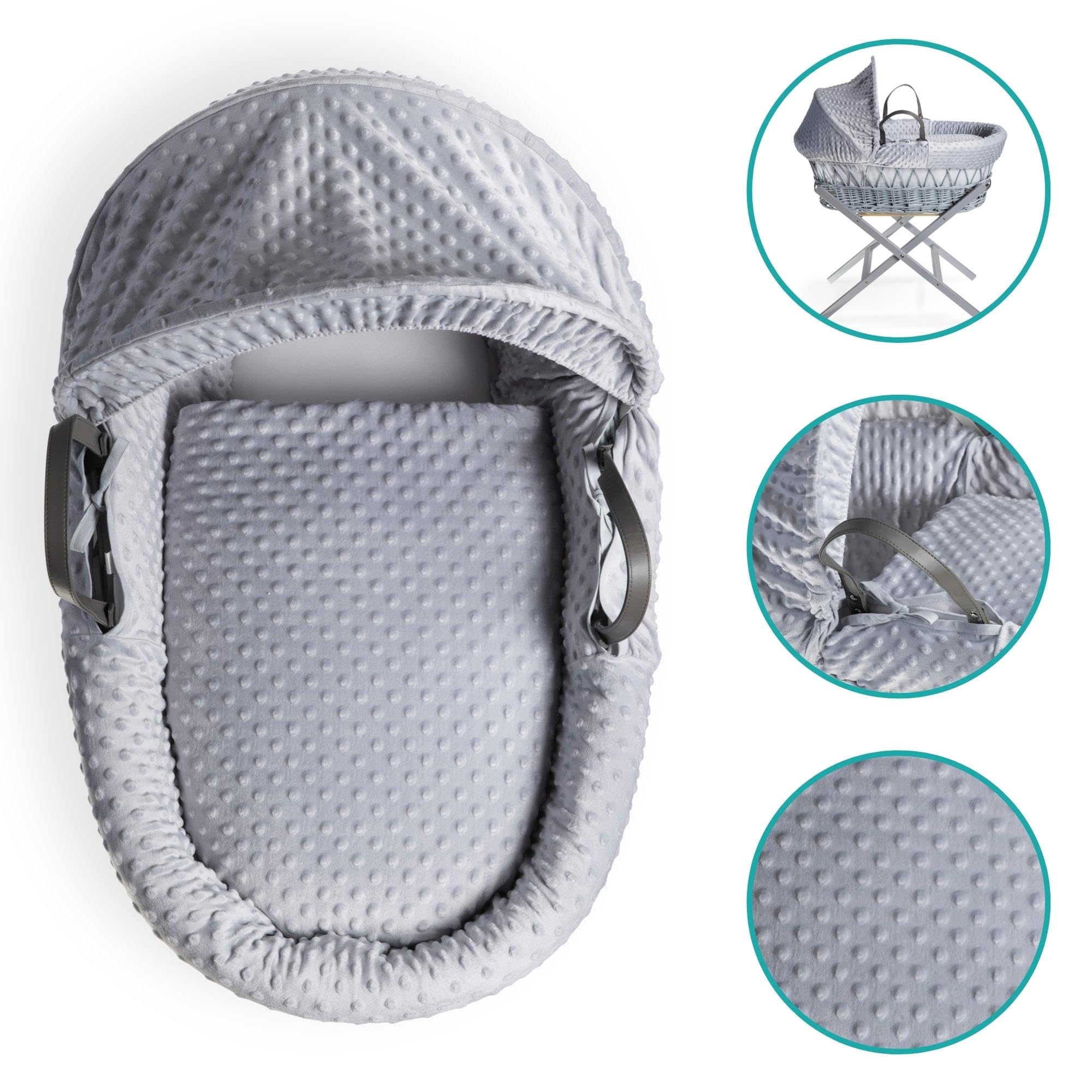 Clair de Lune Moisés de mimbre gris hoyuelo con ropa de cama, 68 x 30 cm (gris)