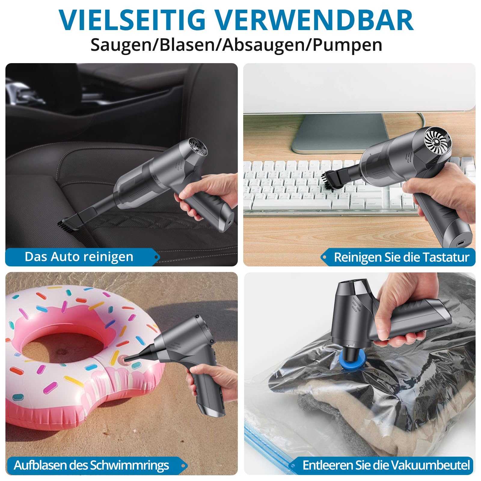 AUTOUTLET Mini Handstaubsauger Kabellos, 4 in 1 Staubsauger Auto Brushless Motor 11KPA High Power, 2-Gang 85000 U/min Druckluftspray, Akku Auto Staubsauger für Outdoor, Office Reinigung und Tierhaare