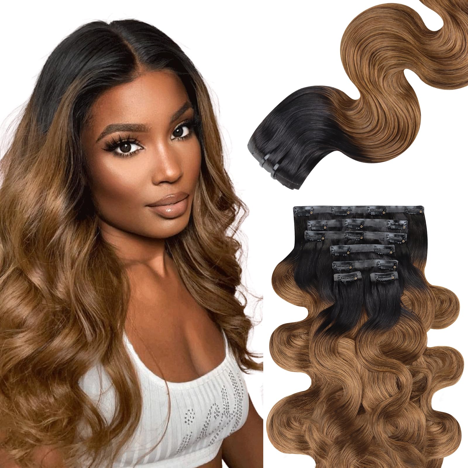 Lashey Clip in Extensions Echthaar Ombre Natürliches Schwarz bis Medium Auburn Gewellt Nahtlose Clip in Haarverlängerung 110g 7 Stück Remy Menschliches Haar with PU Wefts 50cm(20 Zoll)