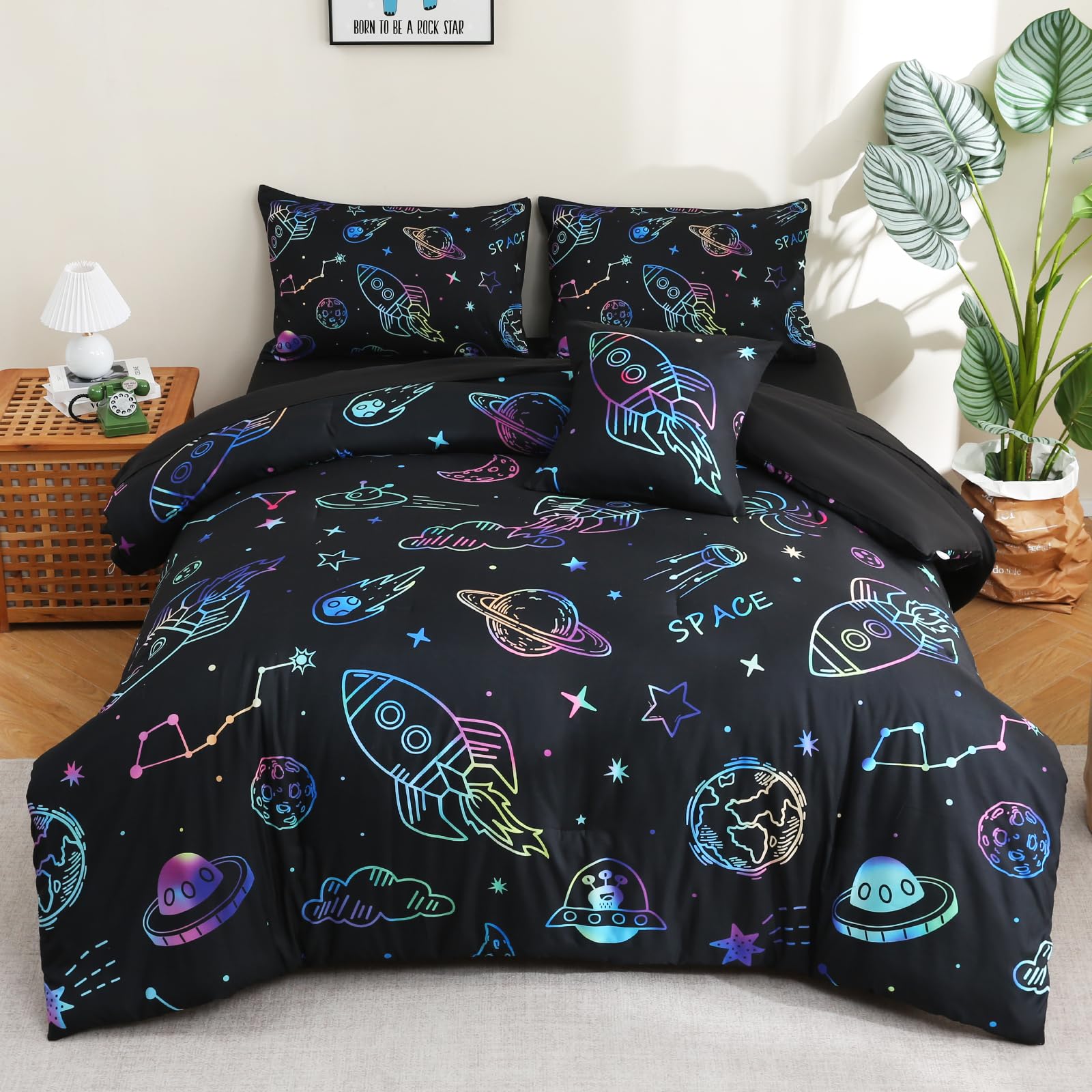 Tasselily 6 Pcs Space Twin Bedding Set for Boy,Twin Size Rocket Comforter Sets with Sheets for Boys Outer Space Twin Bedding Sets for Kids Teens