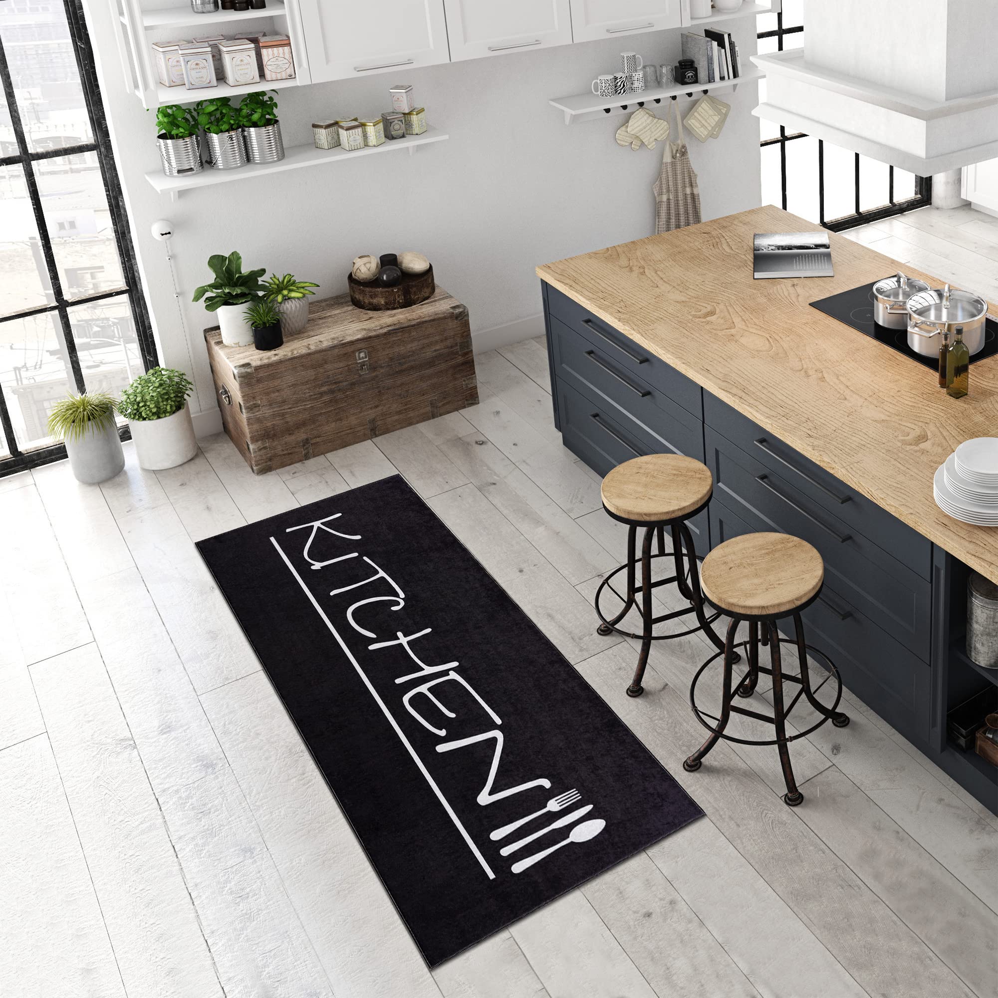 Pasha Home Alfombra de Cocina, Pasillo Lavable a 30°C, Antideslizante, Fácil de Mantener - Alfombra para Cocina, Entrada, Sala de Estar - Kitchen-Negro, 80 x 200 cm
