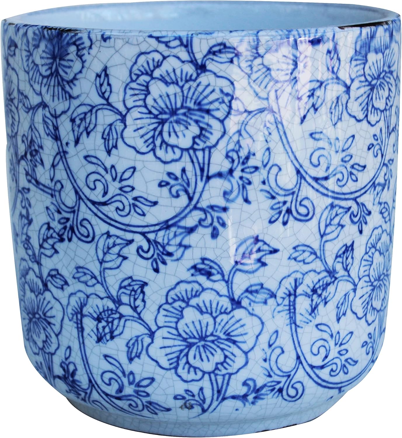 Old World Ceramic Blue and White Pattern Round planters or Garden pots (Cylindrical Vine Print 7 inches Tall)