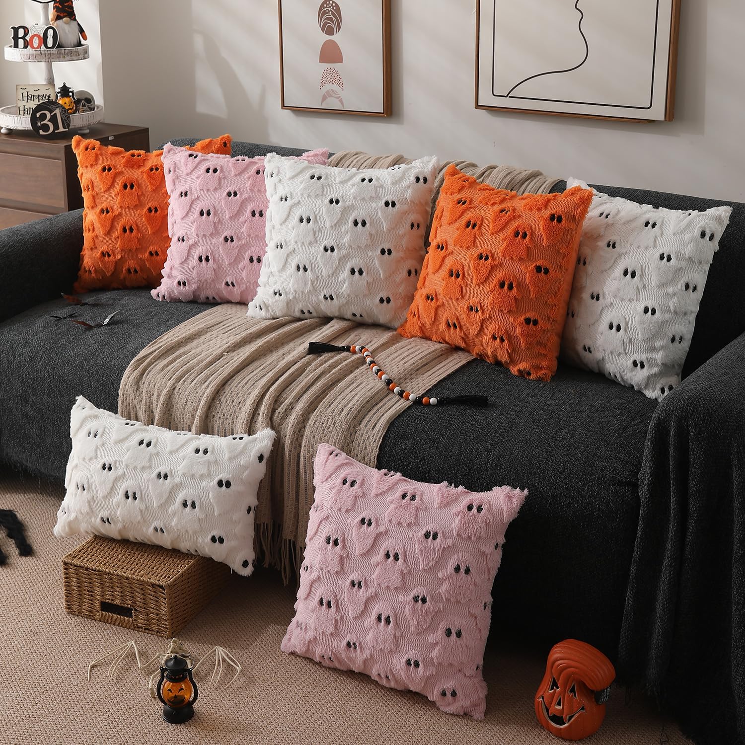 DFXSZ Halloween Pillow Covers 20x20 inch Set of 2 White Ghost Throw Pillow Cases Soft Plush Faux Fur Wool Couch Cushion Case for Chair Sofa Bedroom Living Room Home Decor PTK05A20