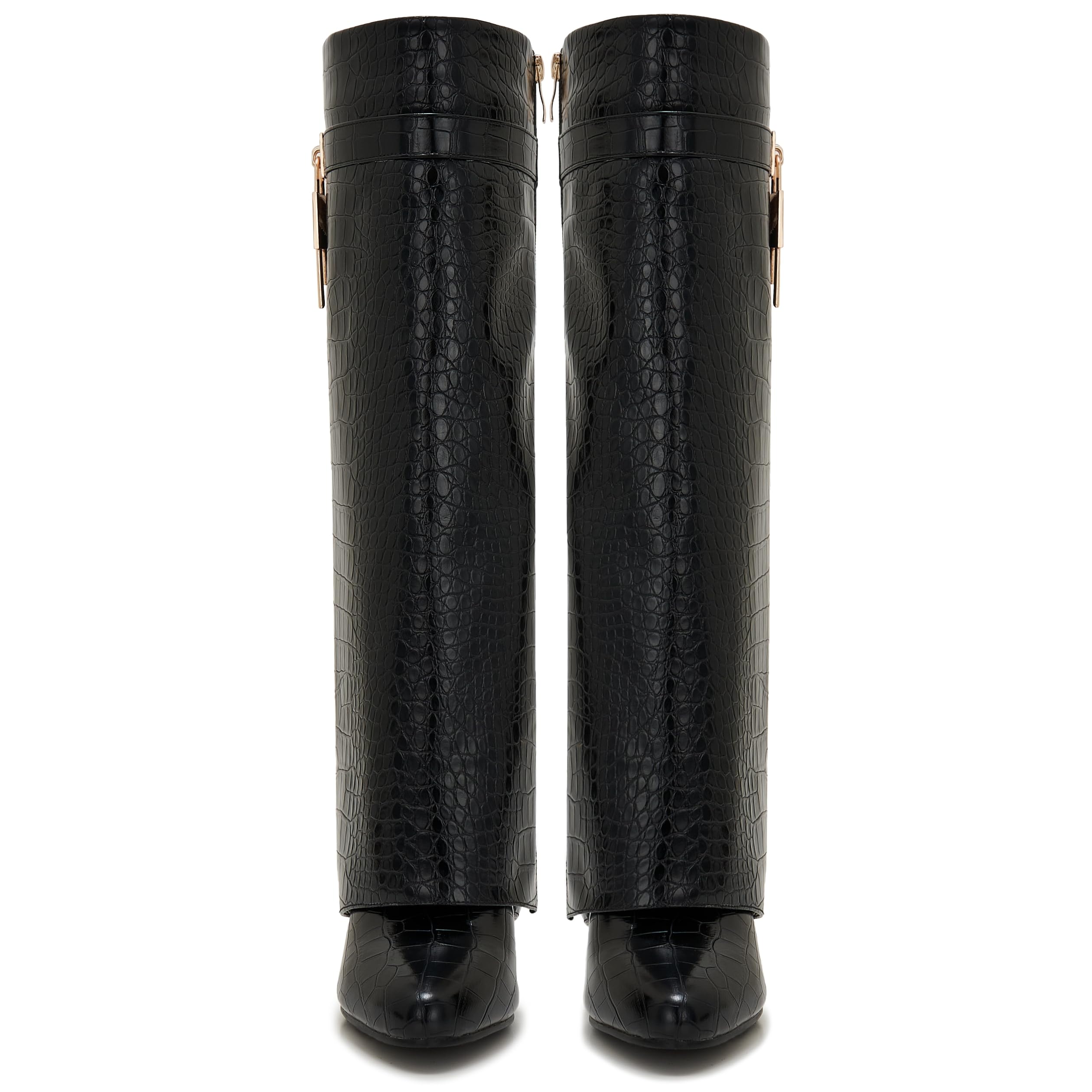 CDHYX Fold Over Boots for Women Pointy Pull-on Wedge Heel Knee Shark Boot With Side Zipper Padlock Design: 5.5 Black-crocodile-1